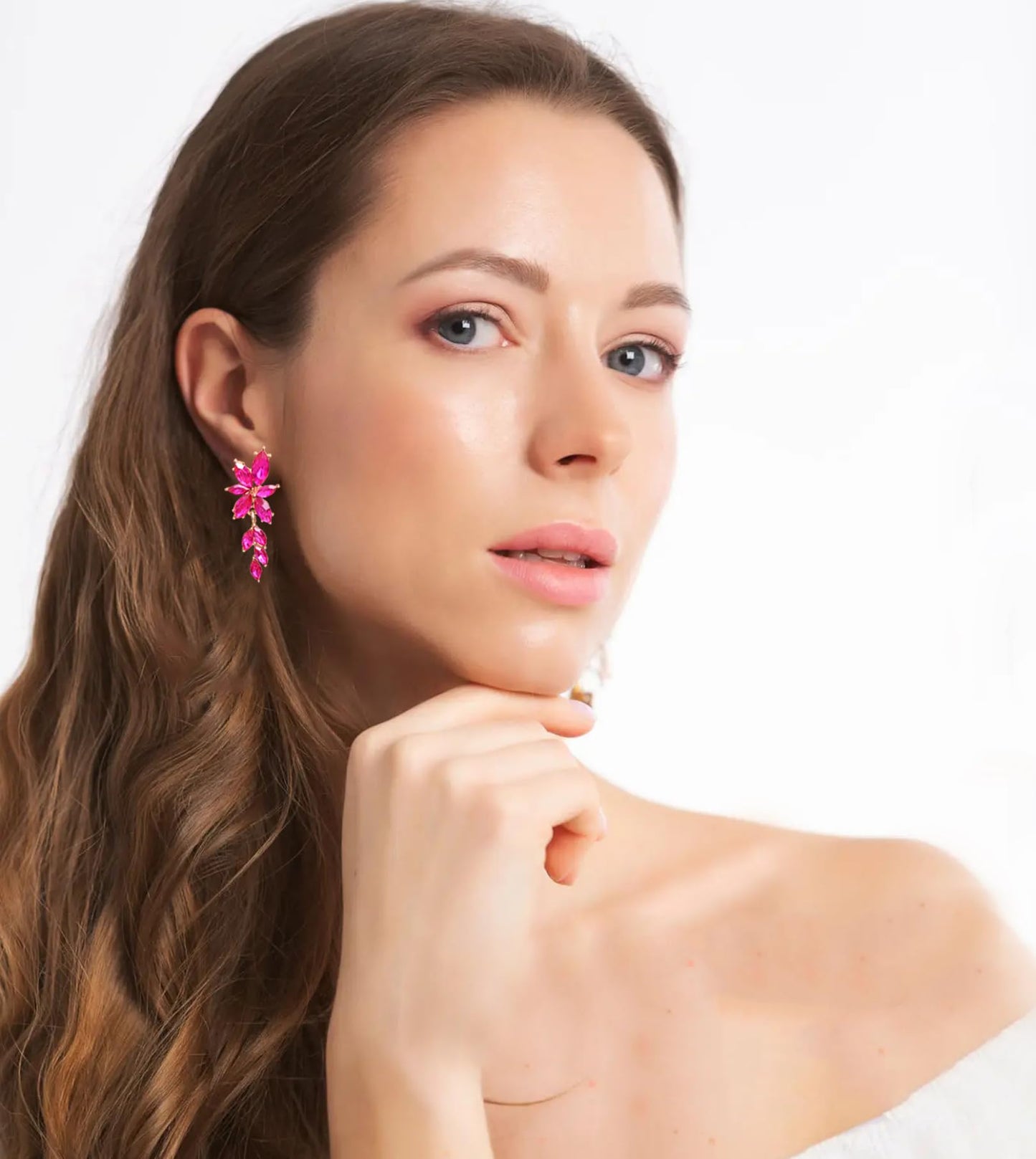 ATIMIGO Elegant Hot Pink Rhinestone Dangle Earrings Cluster Crystal Wedding Bridal Earrings for Brides Bridemaids Formal Prom Statement Drop Earrings for Women