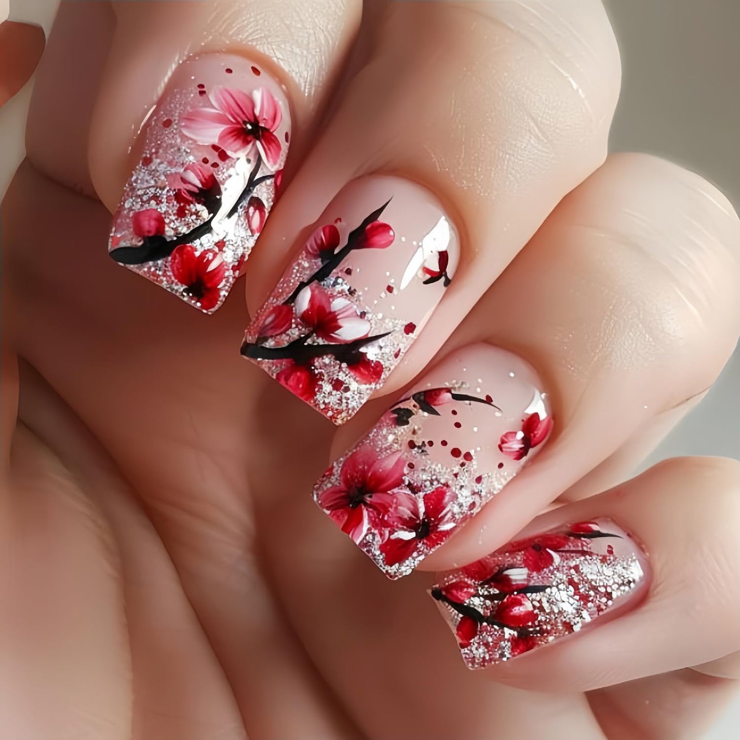 Flower Press on Nails Medium Square Nails Pink False Nails Artificial Coffin Nails Glitter Powder Design French Stick on Nails Full Cover Spring Fake Nails Acrylic Glossy Glue on Nails for Women