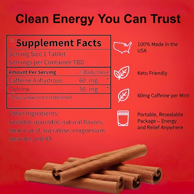 Caffeine Mints by Rally, 60milligram Caffeine, Instant Energy, Fresh Breath Caffeinated Mints, 0 Sugar, Cinnamon Flavor (2 Packs, 20 Mint)