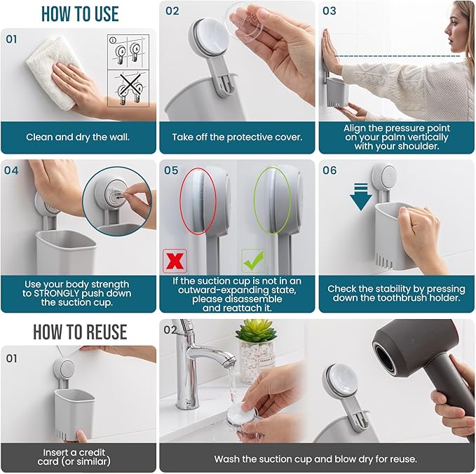 TAILI Suction Toothbrush Holder 2 Pack, Powerful Toothpaste Toothbrush Suction Cup, Self-draining Shower Razor Holder, Shower Toothbrush Holder for Wall, Kitchen Tableware Holder, Gray