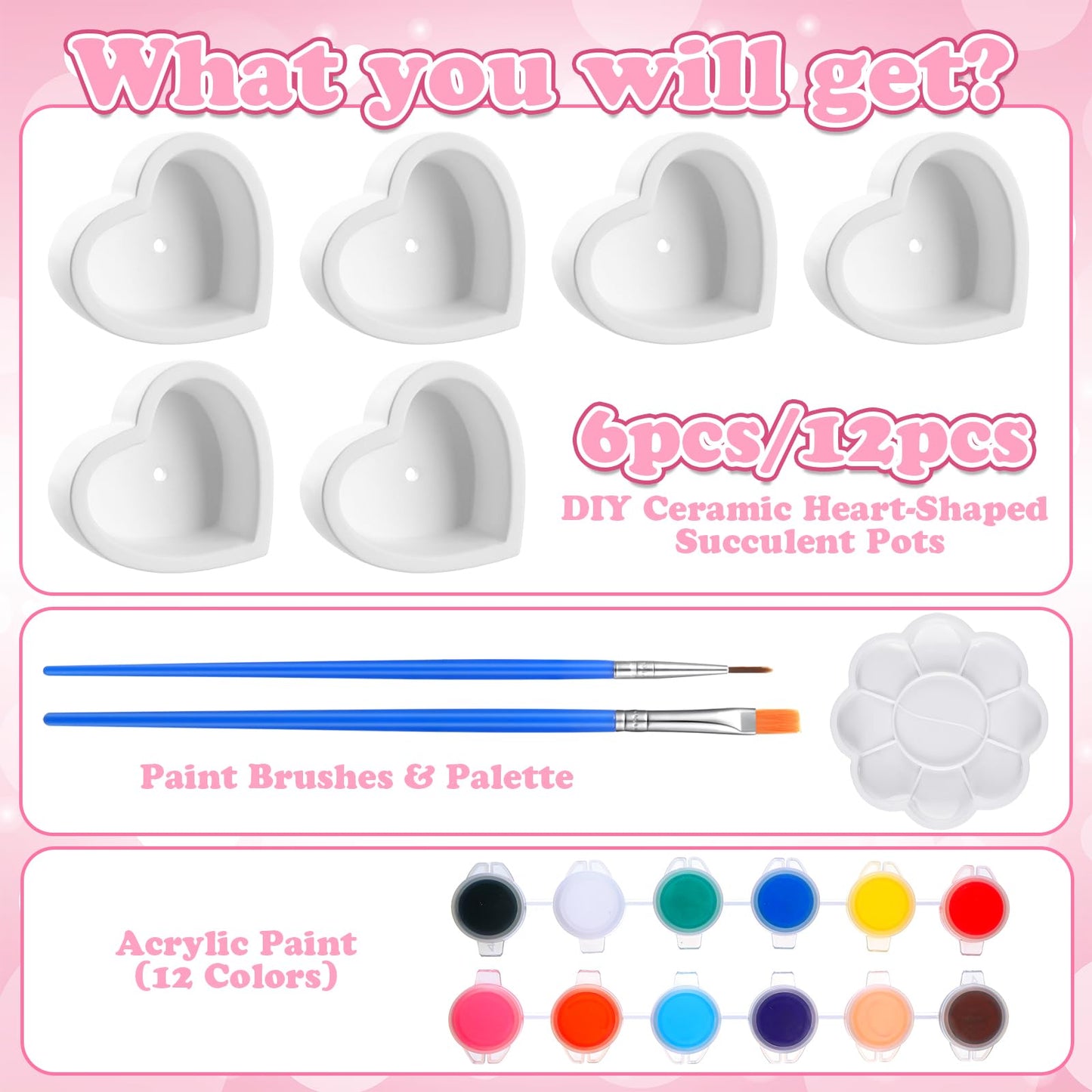 Beeveer 12 Pcs DIY Craft Kits Make Your Own Ceramic Succulent Planters Paintable Heart Shaped Decoration, and Ceramic Succulent Planters Kit for Mother's Day from Daughter Son