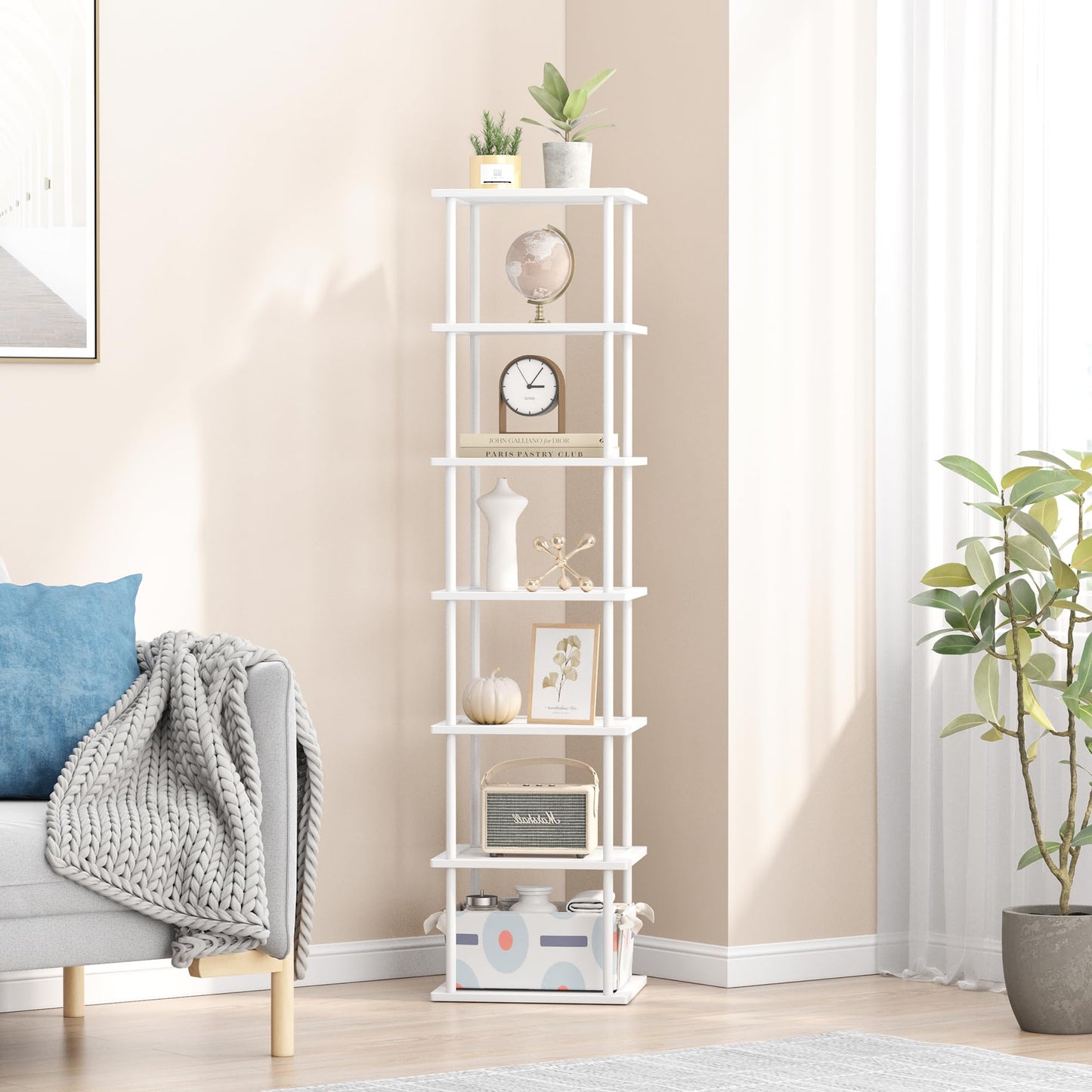 Vertical Tall Shoe Rack Organizer for Entryway -7 Tier Free Standing Slim Narrow Bamboo Wood Corner Stackable Shoe Boots Storage Stand Small Spaces for Closet Garage Cloakroom Living Room (White)