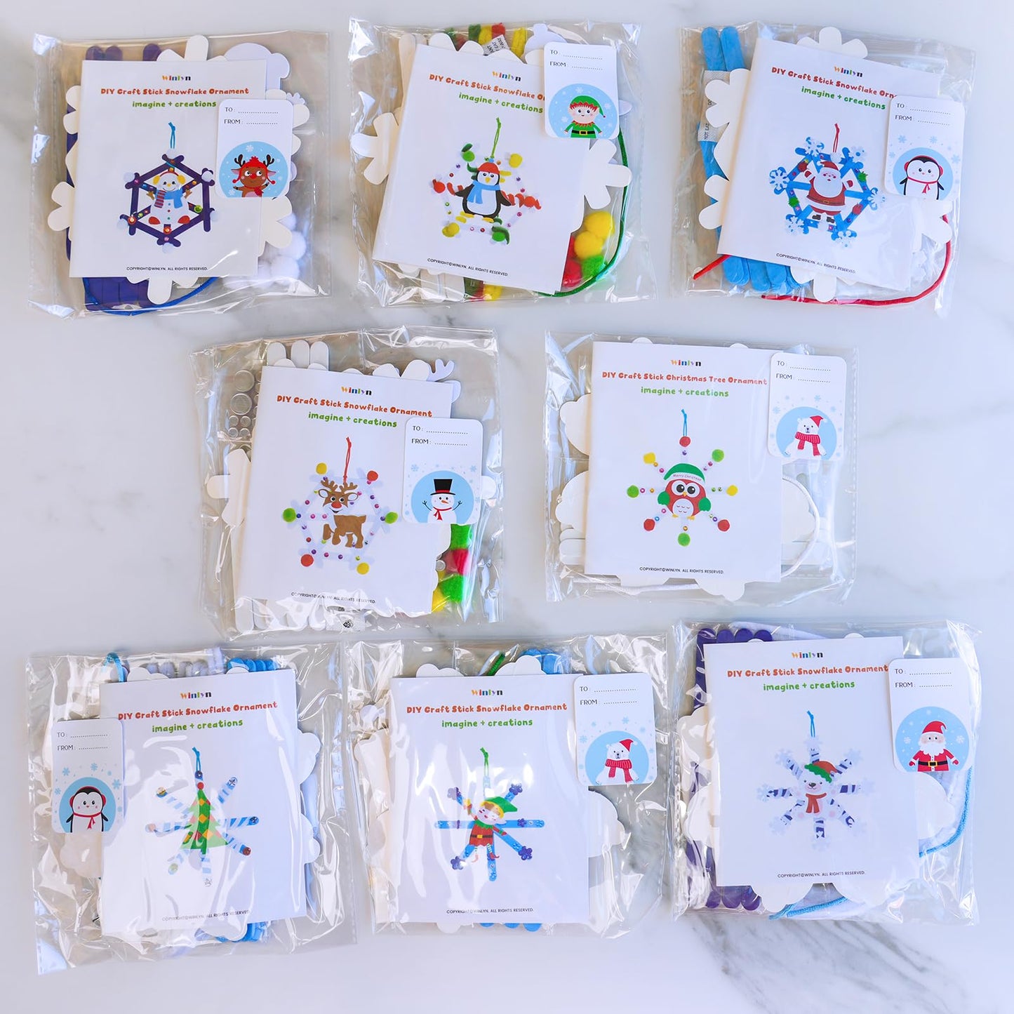 Winlyn 24 Sets Christmas Craft Kits Winter Crafts Popsicle Stick Snowflake Ornaments Decorations Art Sets Craft Stick Snowflake Christmas Stickers for Kids Holiday Classroom Activities Party Favors