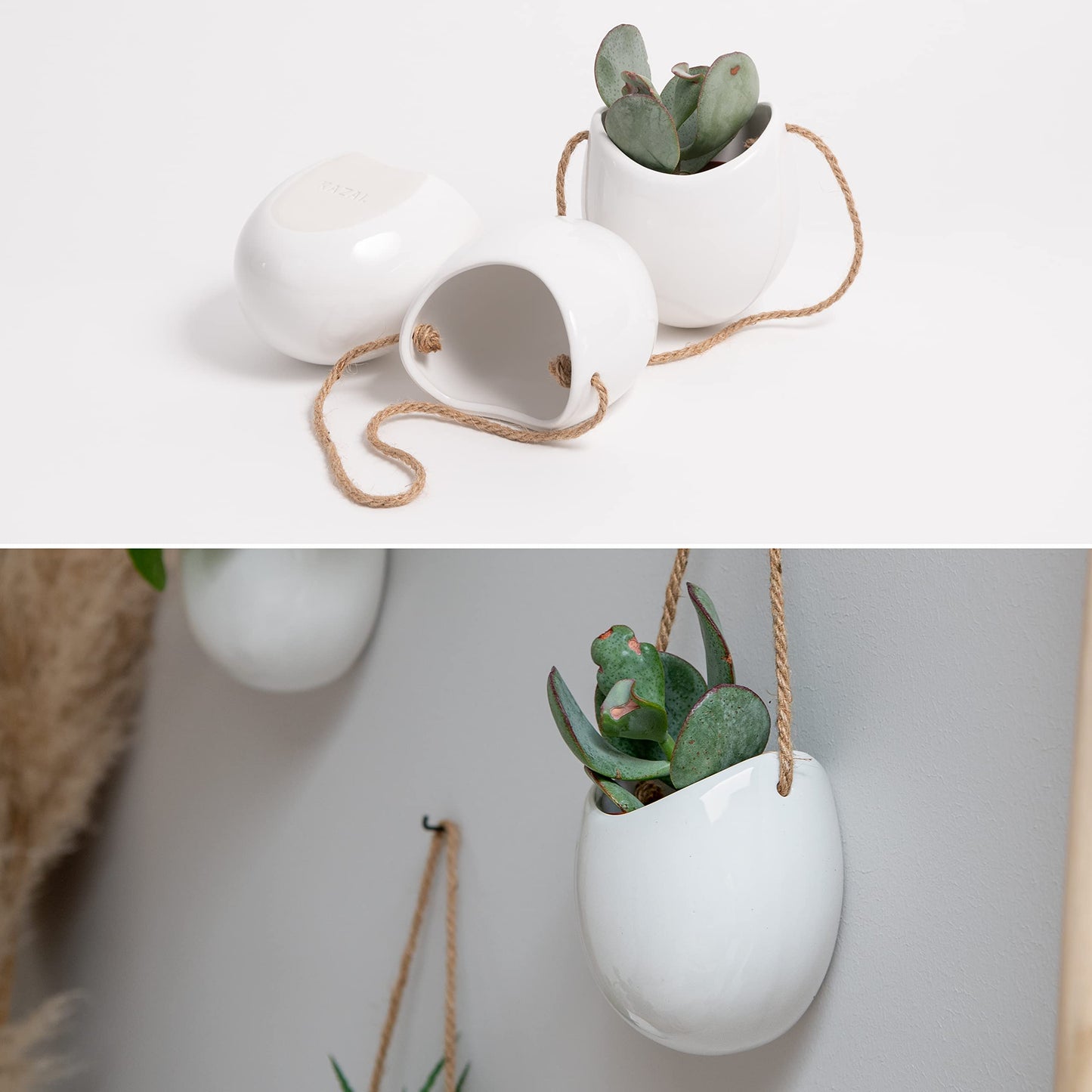 Kazai. Wall Planters -Ellie- | Hanging Ceramic Plant Pots 3 Pieces | Wall Decoration for Indoors, Balcony and Garden | White (Glossy)