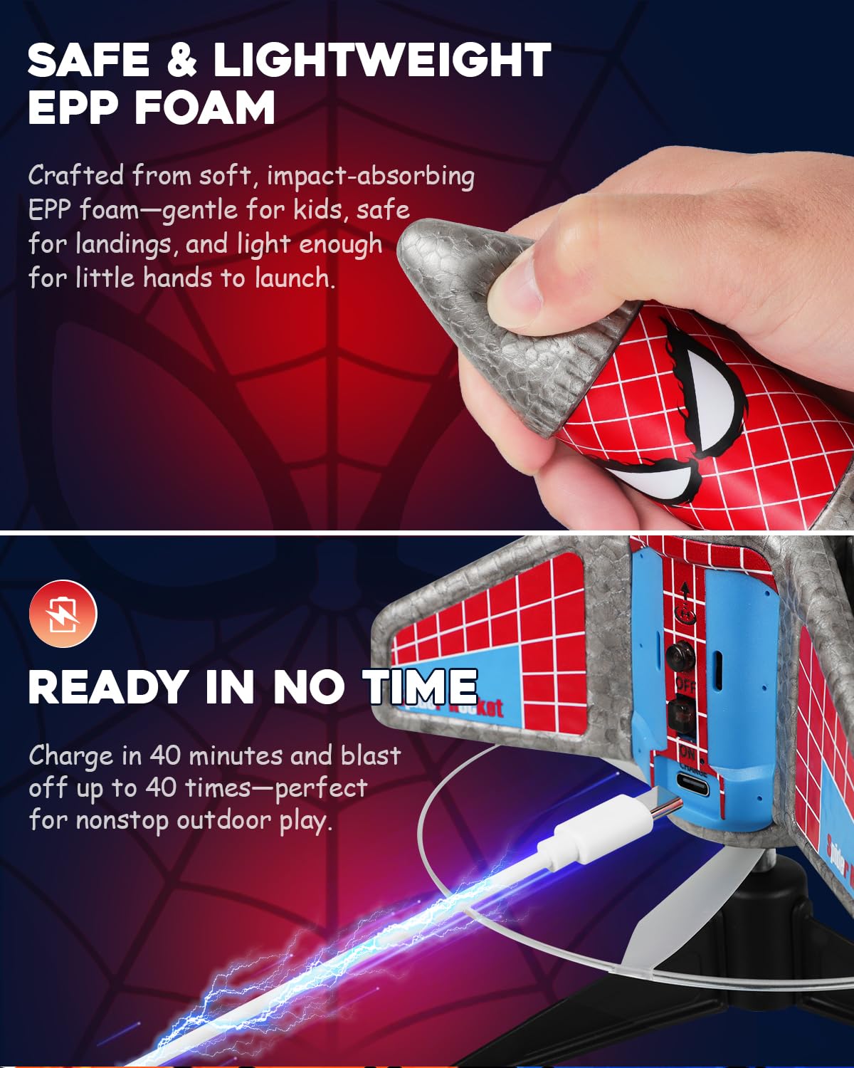 Fullware Rocket Launcher for Kids – 2nd Gen Upgraded Design, Electric Auto Launch, 200ft Flight with Safe Parachute, Outdoor Rocket Toy for Boys & Girls, Birthday Gift for Ages 6-13, Spider Pattern
