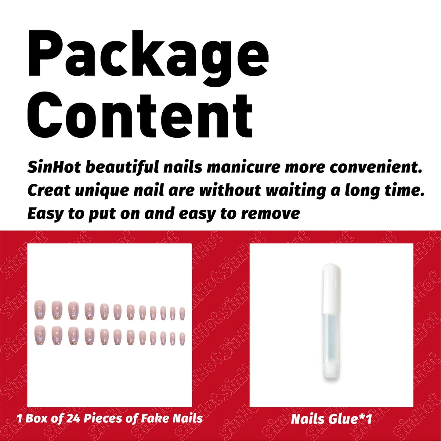 SINHOT Press on Nails - Medium Coffin Glossy Glue on Nails, Purple, 24 pcs