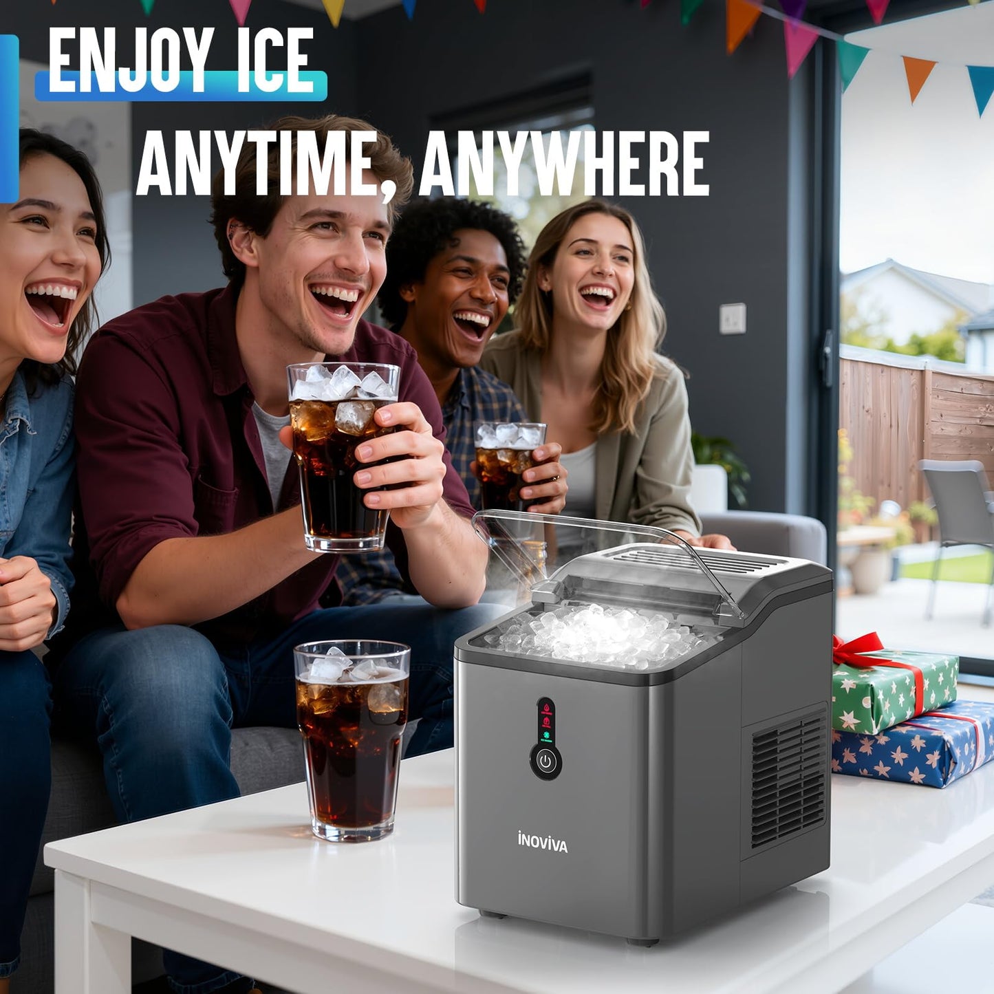 INOVIVA Nugget Ice Maker Countertop – 6 Mins Fast Ice Production, FLASHCHILL™, 26.5 LBS/Day, Self-Cleaning, Compact Portable Design, Ideal for Home, Office & Parties
