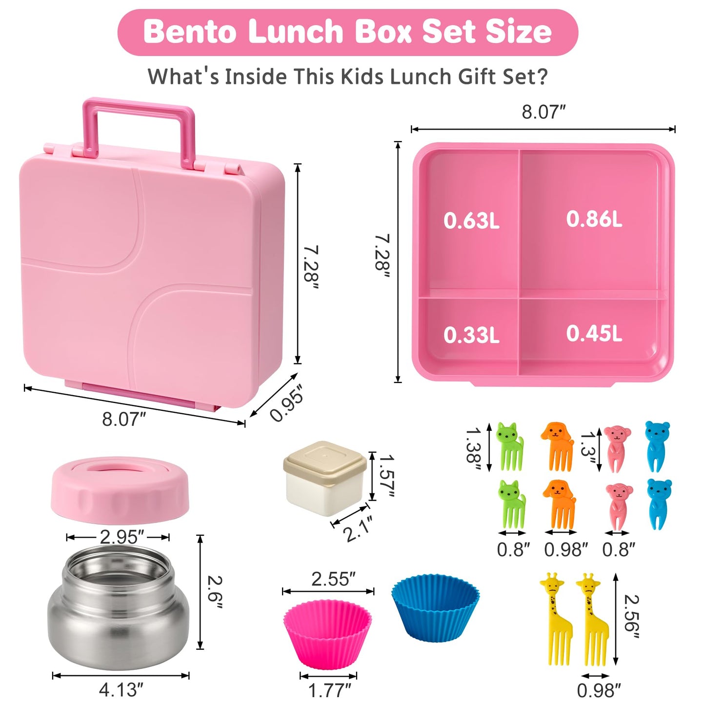 Bento Lunch Box with 9.5 oz Soup Thermo, Kids Leakproof 4 Compartments Bento Box with Silicone Cupcake,Fruit Fork,Spoon and Sauce Cup,Insulated Food Jar for School Travel-Pink