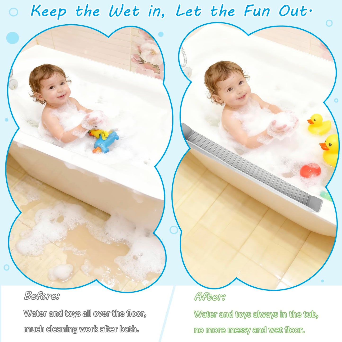 Longer Bathtub Splash Guard for Kids, Soft Silicone Tub Water Guards Toy Tray Holder for Toddlers, Bathtub Topper Splash Guard with Strong Suction Cups, Prevent Water Spills in Bathroom (2.6FT Grey)