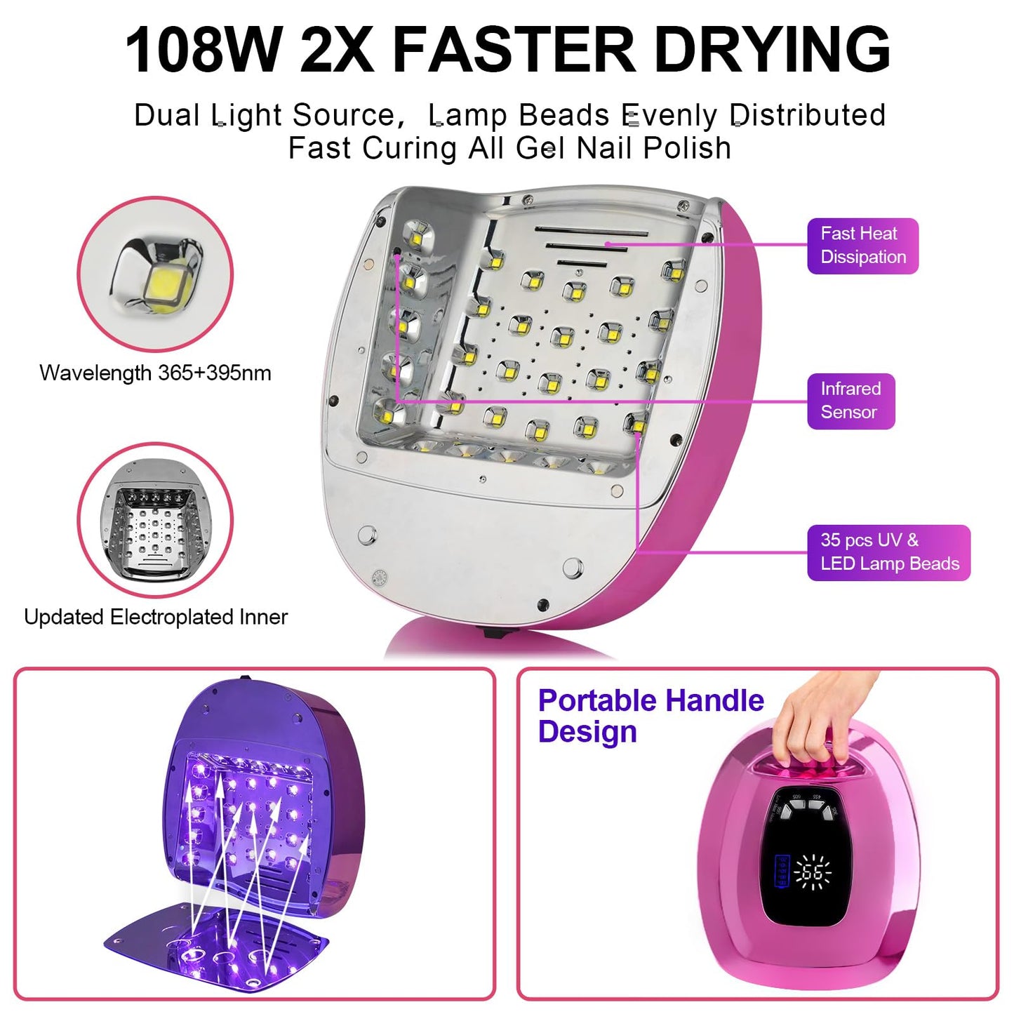 UV LED Nail Lamp Dryers Cordless 108W Rechargeable Portable UV Light for Gel Nails Polish Kit,Fast Curing Poly Builder Gel Lamp with Sensor Metal Base 4 Timer 35 LEDs,Professional Manicure Art Tools