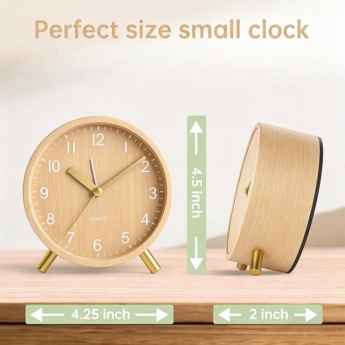 Analog Alarm Clock, Silent Non-Ticking with Night Light, Battery Operated, Fashionable Round Metal Alarm Clock for Office, Bedroom, Elderly, Adults, Women, Men Gifts Wood-Like Color