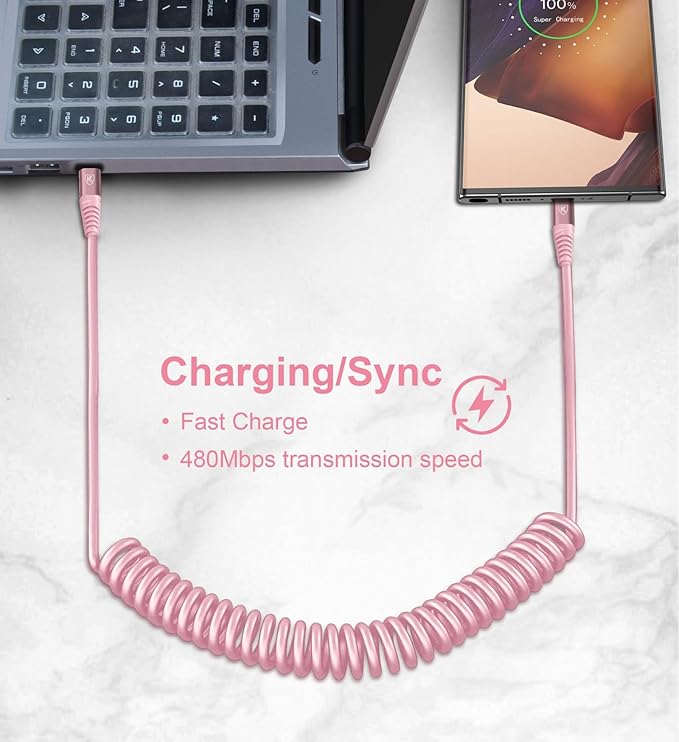USB C to USB C Cable [3FT+6FT], 2Pack Coiled USBC Cable for Car USB Type C Fast Charging Cable, CarPlay iPhone USB-C Cable/Android Auto USB C Cord for iPhone 17/16/ 15/Pro Max/Samsung Galaxy S23-Pink