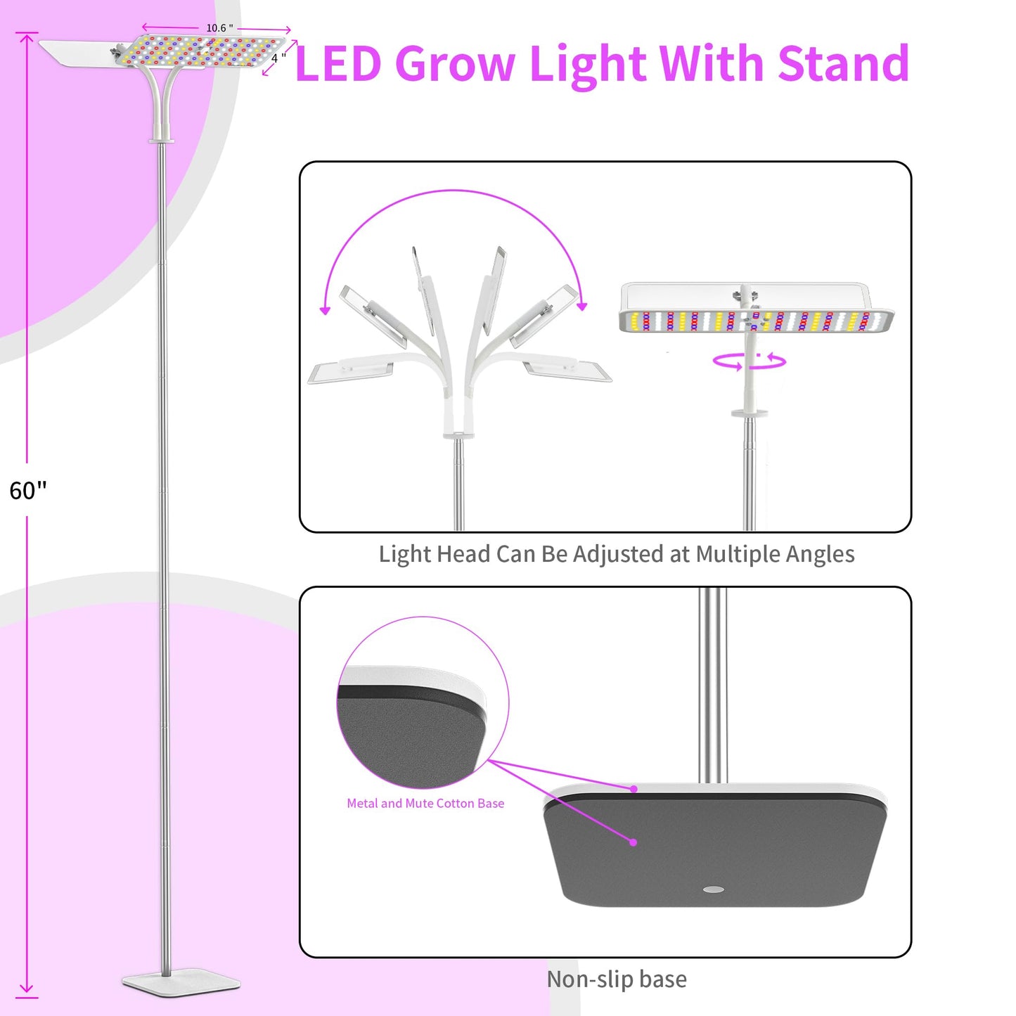 KINGPLUS Grow Lights with Stand, Double Head, Full Spectrum LED Grow Light for Indoor Plants, 240 Leds, 4 Dimmable Levels, Timer 4/8/12h, 12-60inches Height Adjustable, 36w, Ideal for Desk Small Plant