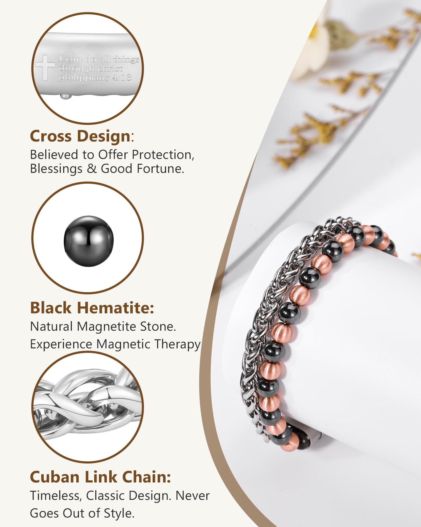 Feraco Magnetic Therapy Cross Copper Bracelet for Men,Hematite Beads Charm Bracelet for Dad,Friends,Brother