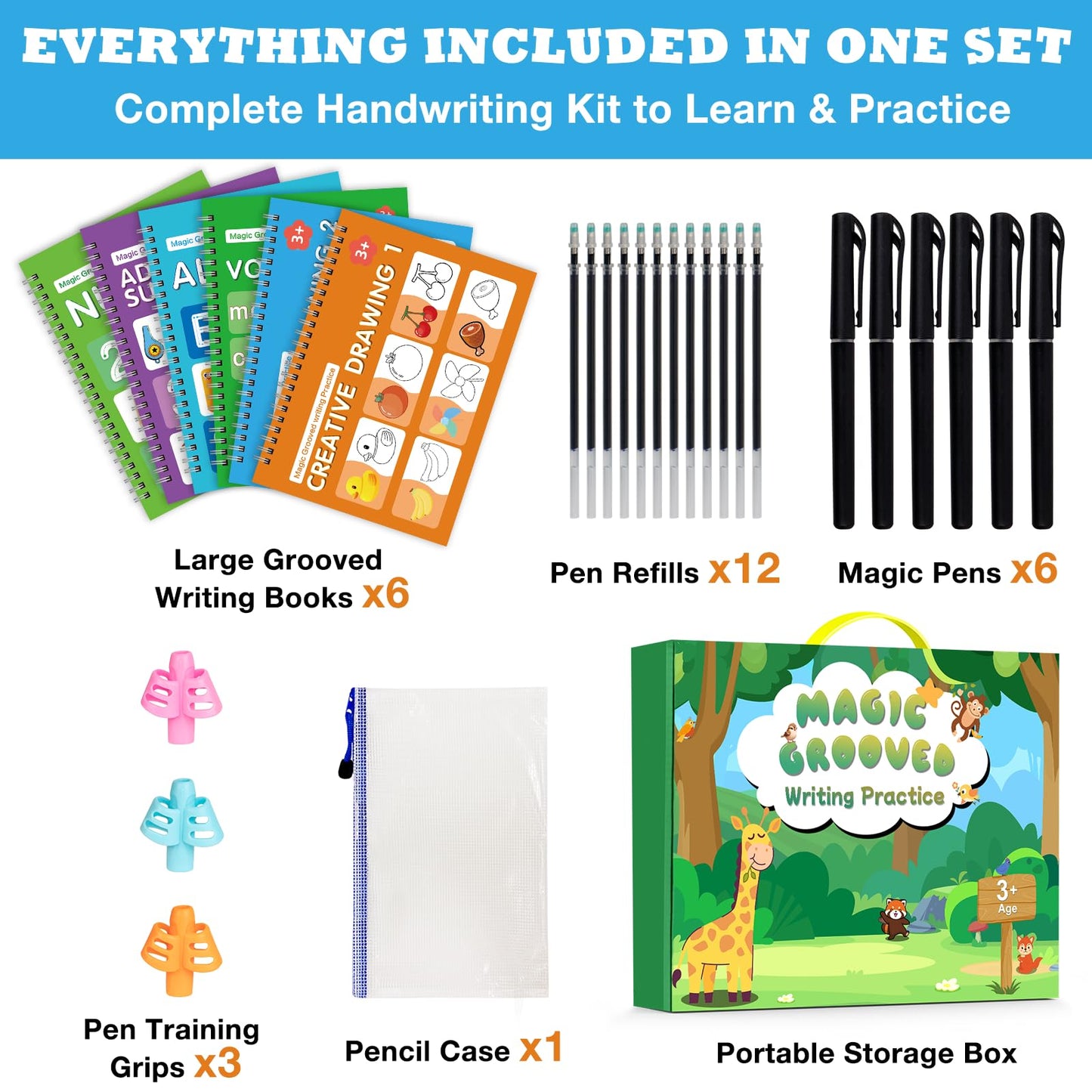 Hoarecal Magic Grooved Writing Practice Book for Kids Ages 3–8, 6 Reusable Handwriting Practice Books with 6 Pens, 12 Refills, 3 Soft Grips, Preschool Learning Activities Gifts for Boys and Girls