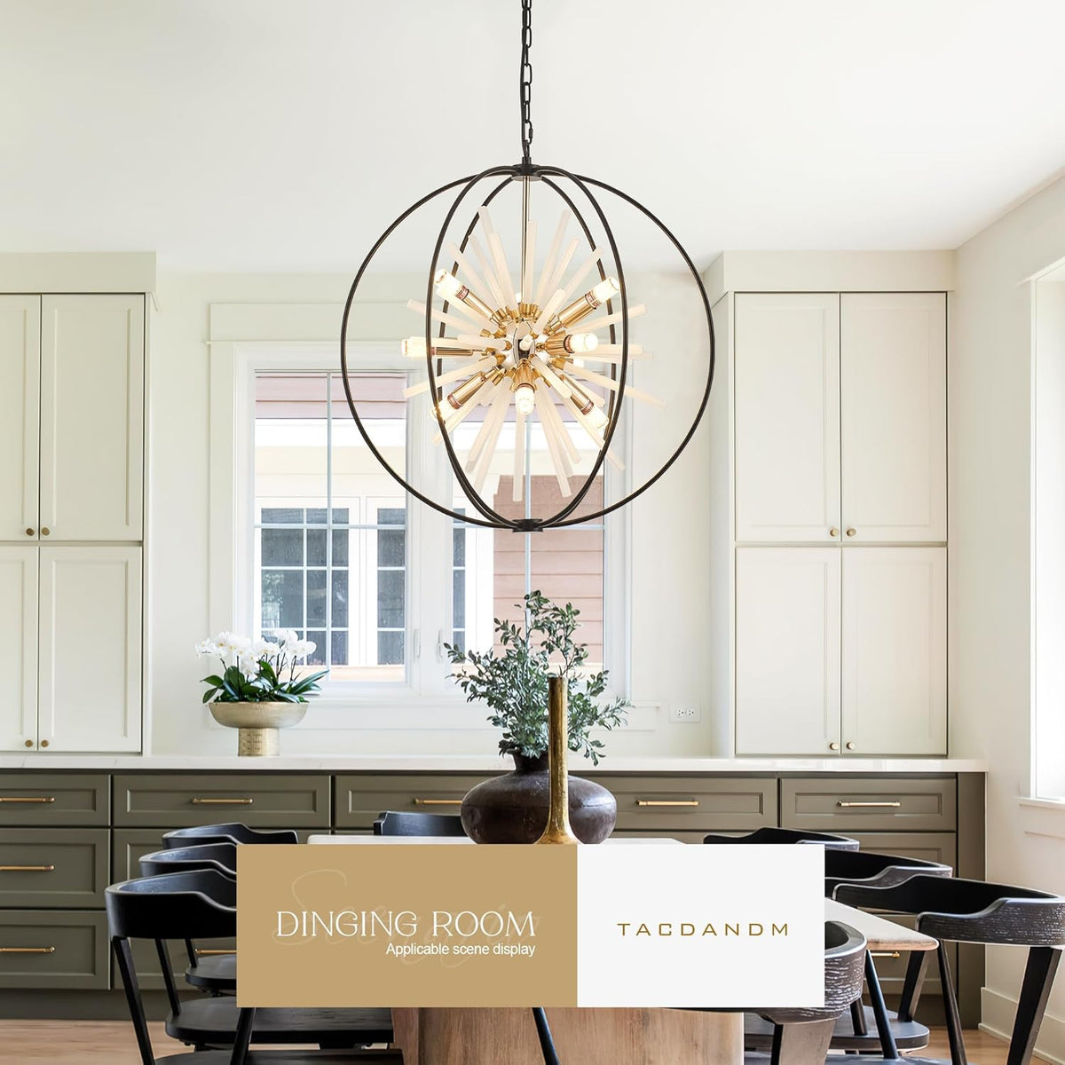 23.6" Black Gold 12-Light Globe Sputnik Chandelier Modern Adjustable Hanging Ceiling Glass Tube Pendant Light Fixture for Entryway Foyer Staircase Dining Living Room Hallway