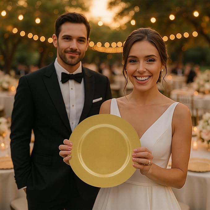 JEVERGN 24 Pack Gold Charger Plates, 13" Chargers for Dinner Plates, Gold Plate Chargers Set of 24, Round Plastic Charger for Wedding, Party Event, Dinner, Table Setting