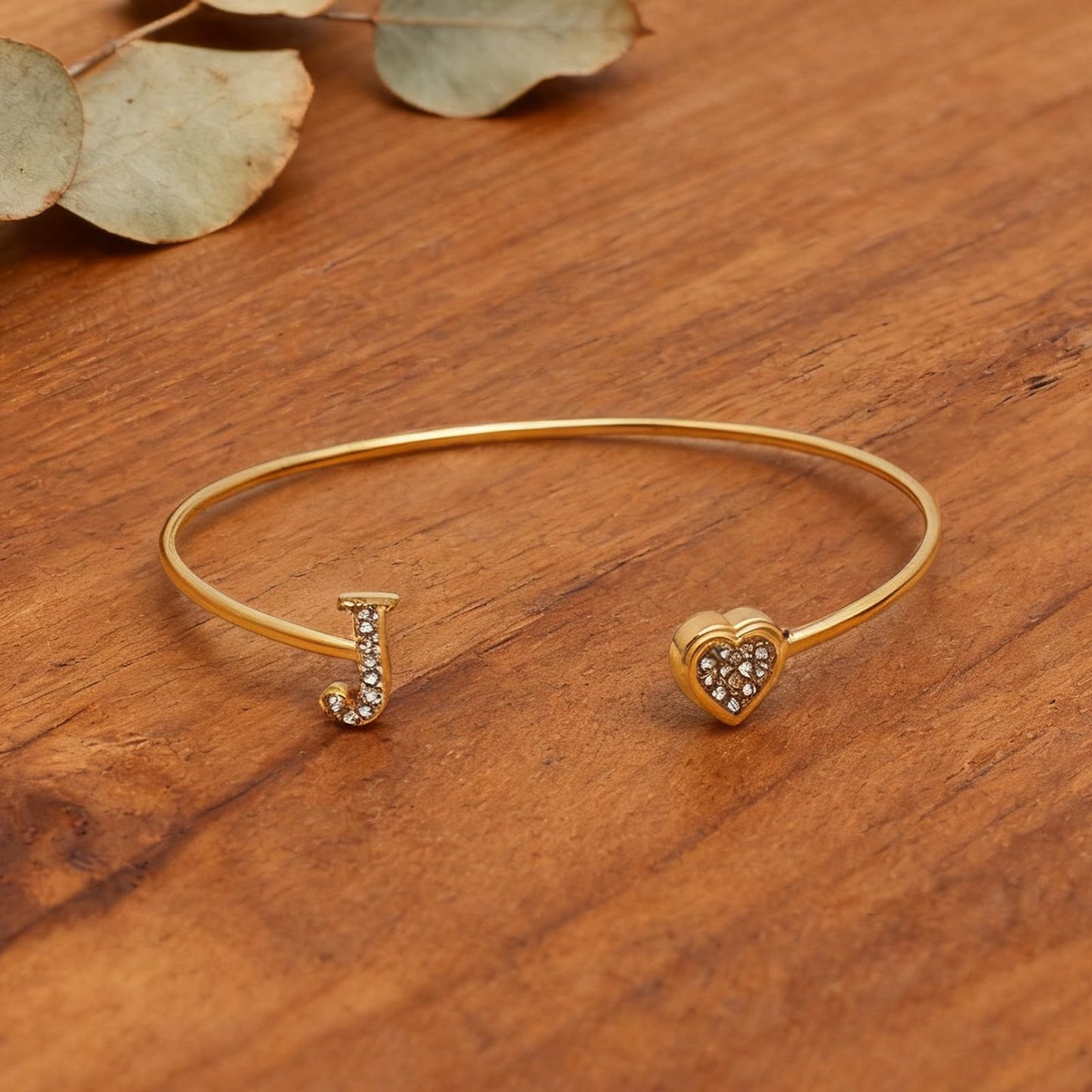 BXDA Trendy Gold Plated Heart Initial J Cuff Bangle Bracelet for Women, Handmade Statement Cubic Zirconia Stackable Open Letter Bracelets Fashion Jewelry Accessories Gift