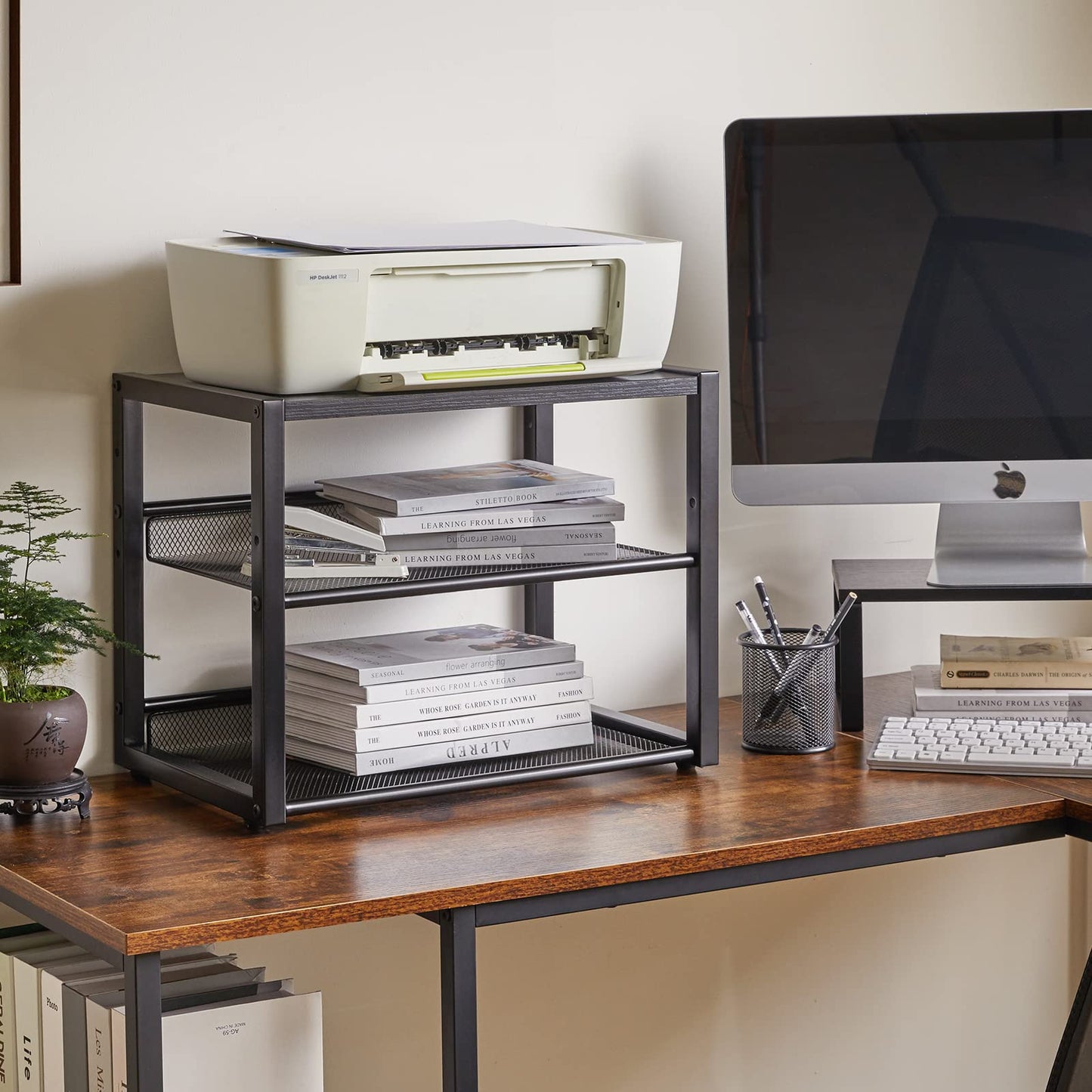 YMYNY Desktop Printer Stand, 3 Tiers Desk Organizer with Adjustable Storage Shelves, Multi-Purpose Printer Shelf for Home Office, Fax Machine, Scanner, Files, Books, Black, UHPT001B