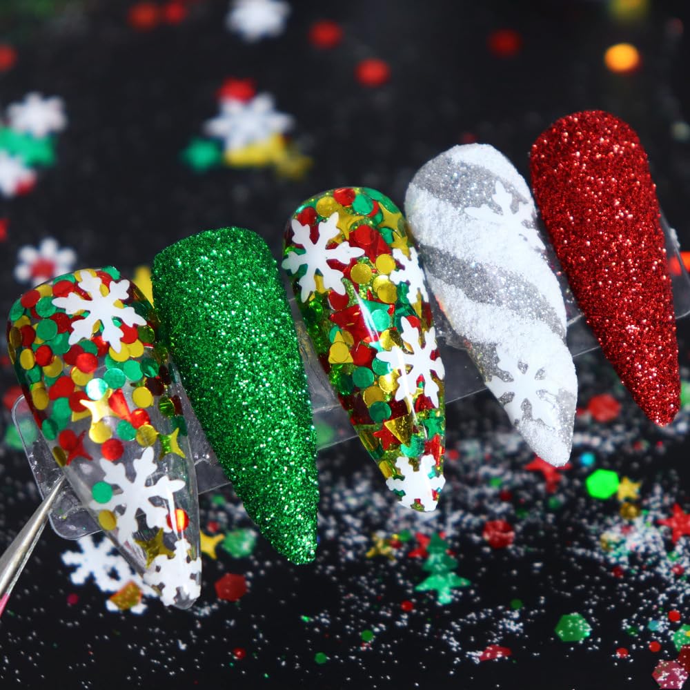 LPOODDNU Winter Nail Art Decorations: Flakes 3D White Snowflake Nail Decals, Green Red Designs, Holographic Christmas Glitters