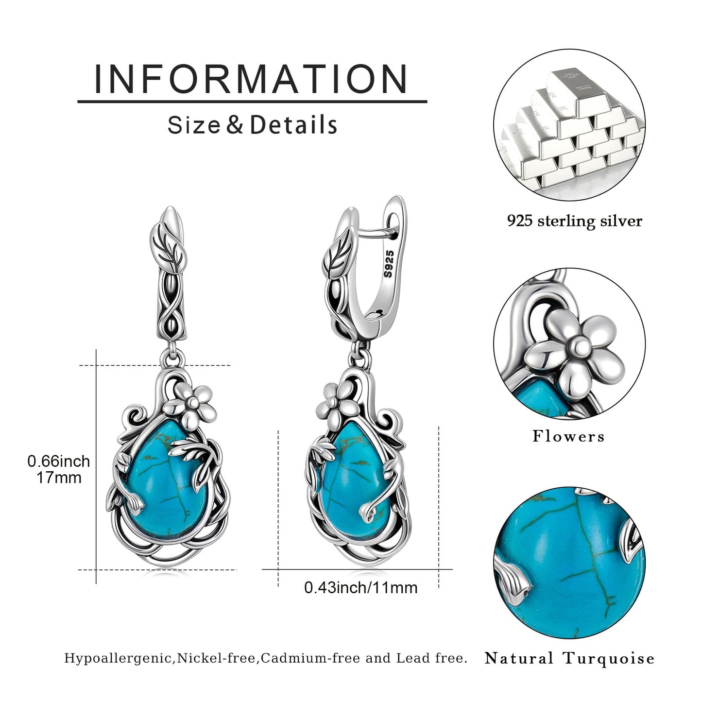 Eetaitai Natural Turquoise Dangle Earrings for Women Leaf Vine Flower Latch Back 925 Sterling Silver Earring Vintage Oxidised Boho Jewelry Mothers Day Gifts for Mom Wife Sister