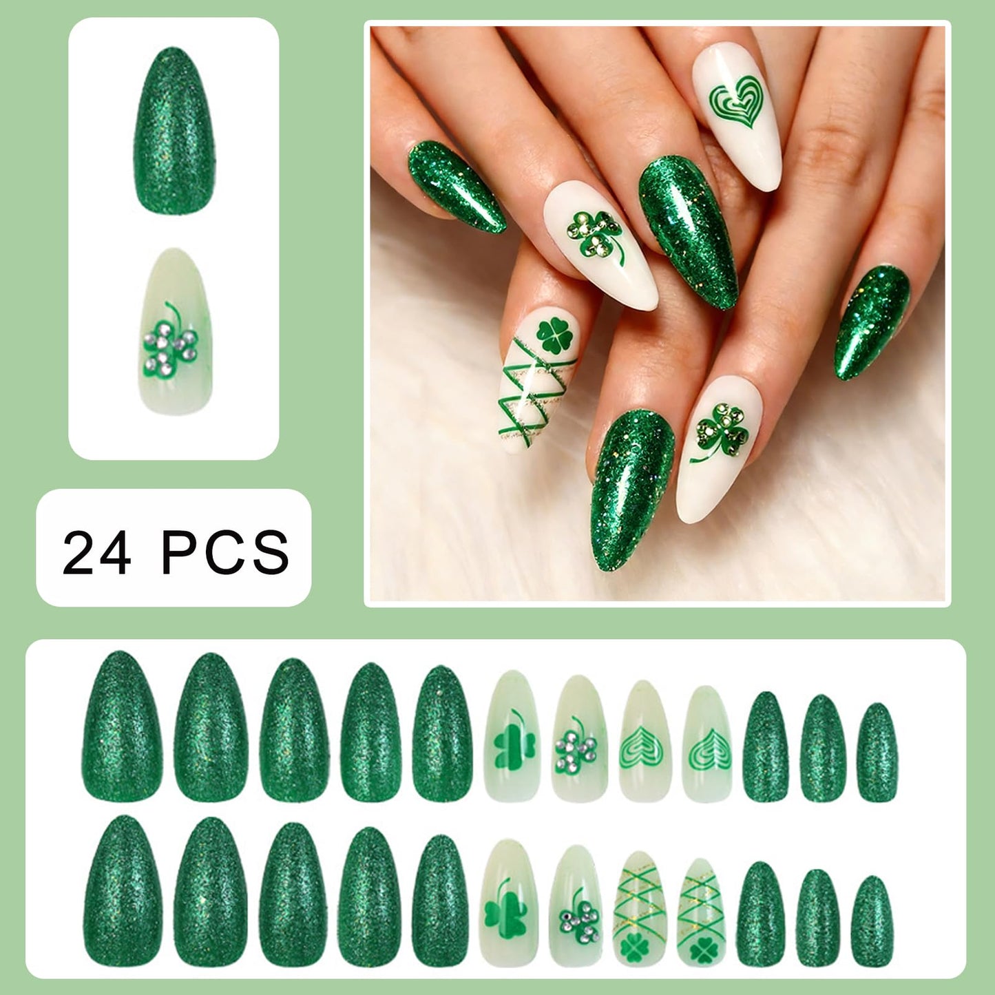 St. Patrick's Day Glitter Press on Nails Medium Almond Fake Nails Four-Leaf Clover with Rhinestones False Nails Glitter Hearts Shamrock Acrylic Stick on for Women Irish Manicure Decoration 24Pcs