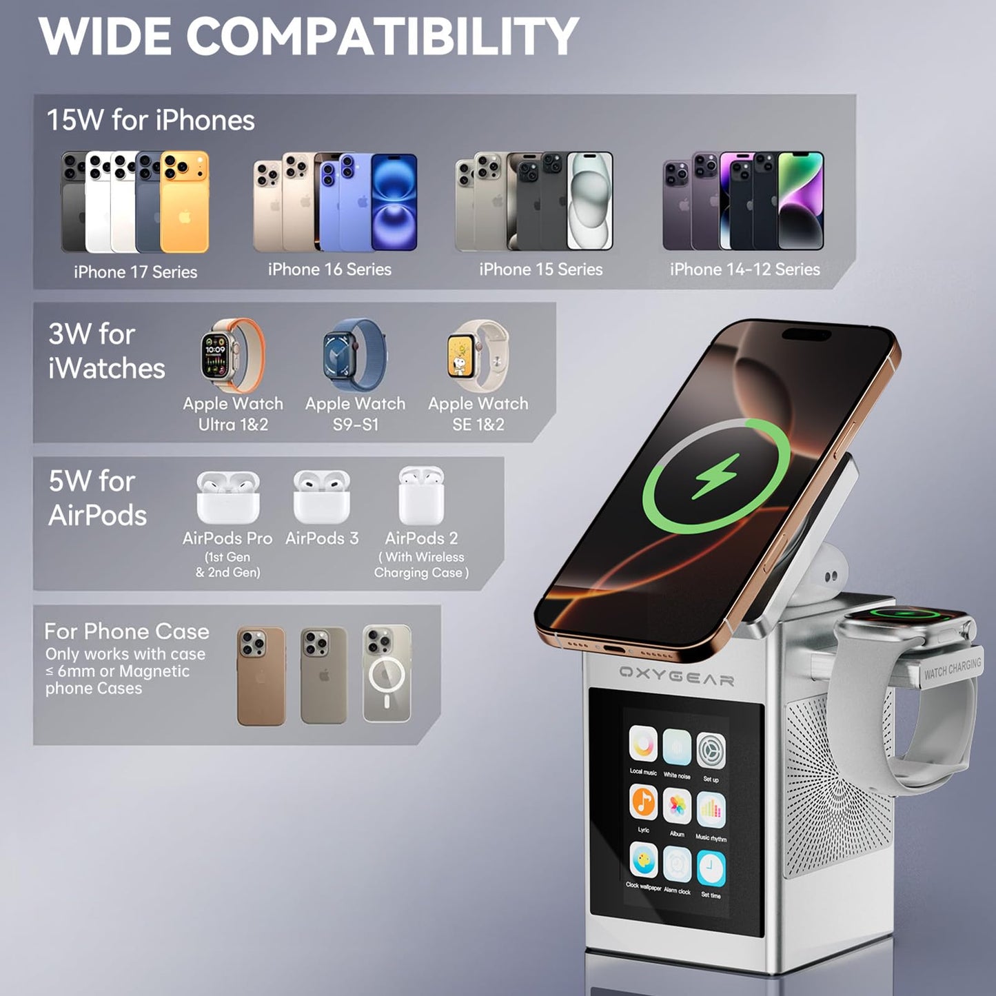 7-in-1 Multifunctional Wireless Charging Station with LCD Touch Screen, Bluetooth 5.3 Speaker, Alarm Clock, Qi2 Magnetic 15W Fast Charging Dock for iPhone, iWatch, AirPods, 20W Adapter (Silver)