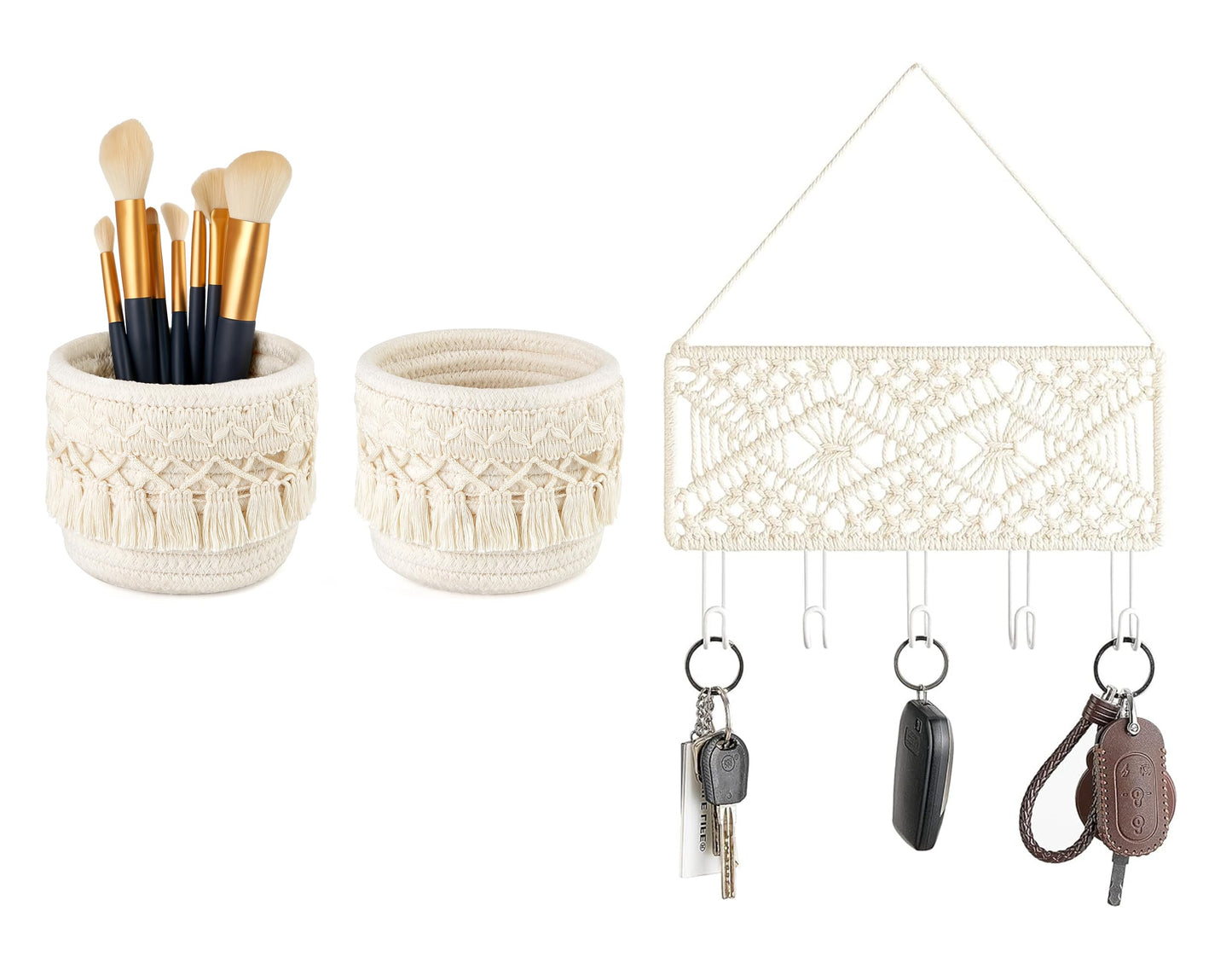 Mkono 3 Pack Macrame Baskets and Key Holder for Wall