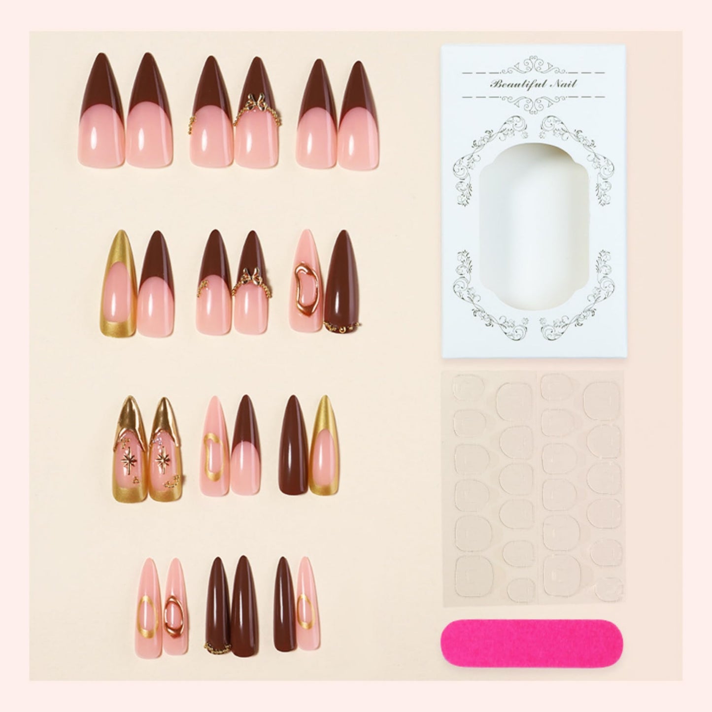 Long Press on Nails Almond Fake Nails Brown Acrylic Nail Press ons SEENEEY Long Stiletto Gold Charm Stick on Nail for Women 24pcs