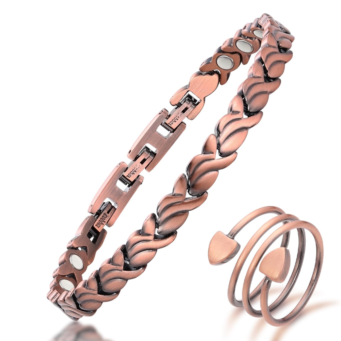 MagEnergy Copper Bracelet for Women, 99.99% Pure Solid Copper Bracelet with 3500 Gauss Magnetic, Adjustable, Jewelry Gift (Copper-Fishtail+Ring)