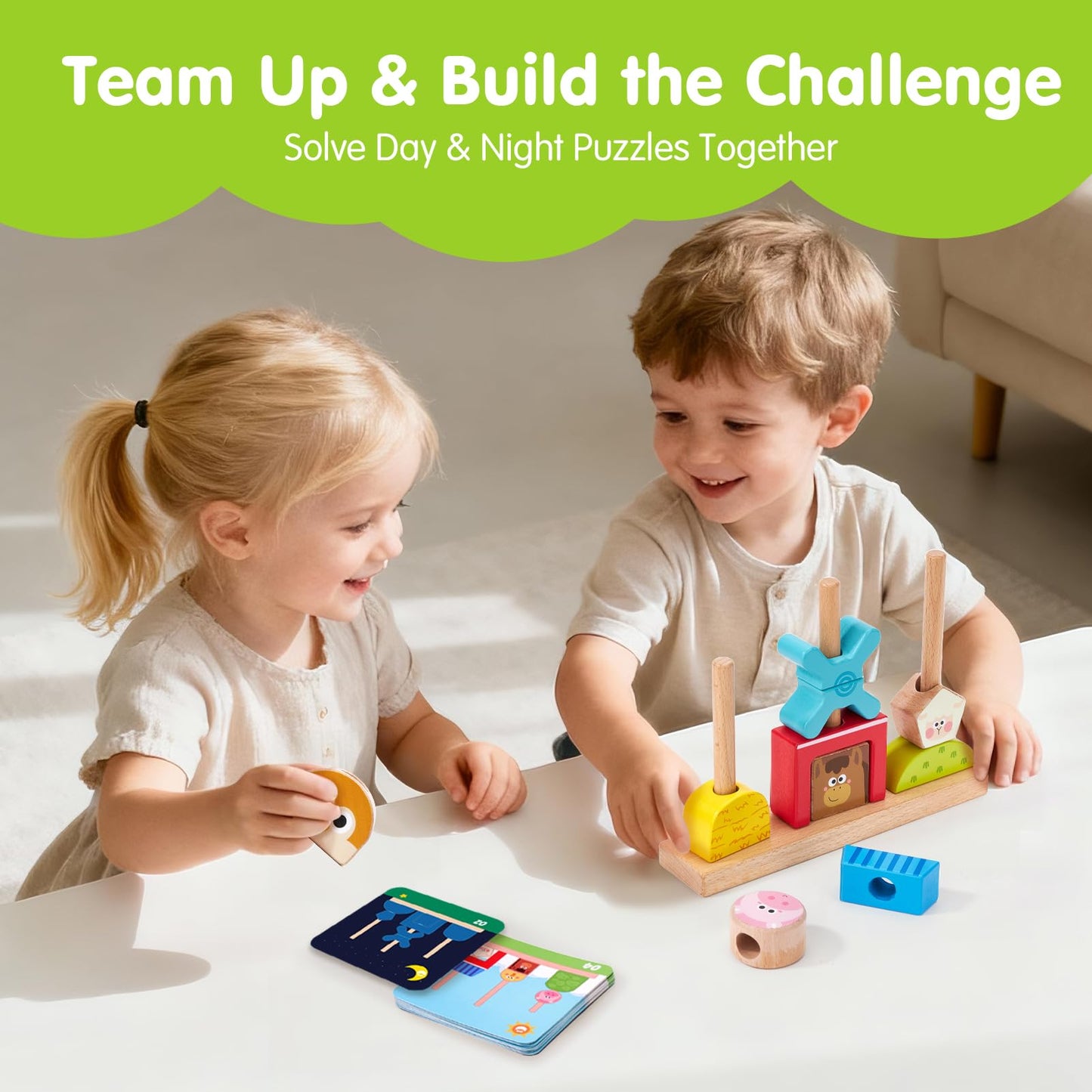 hahaland Montessori Wooden Brain Building Block for Toddler 1-3 Stacking Toy Day & Night Puzzle Game with 24 Challenges Toddler Lacing Stringing Beads for Ages 1 2 3 Preschool Learning Activities