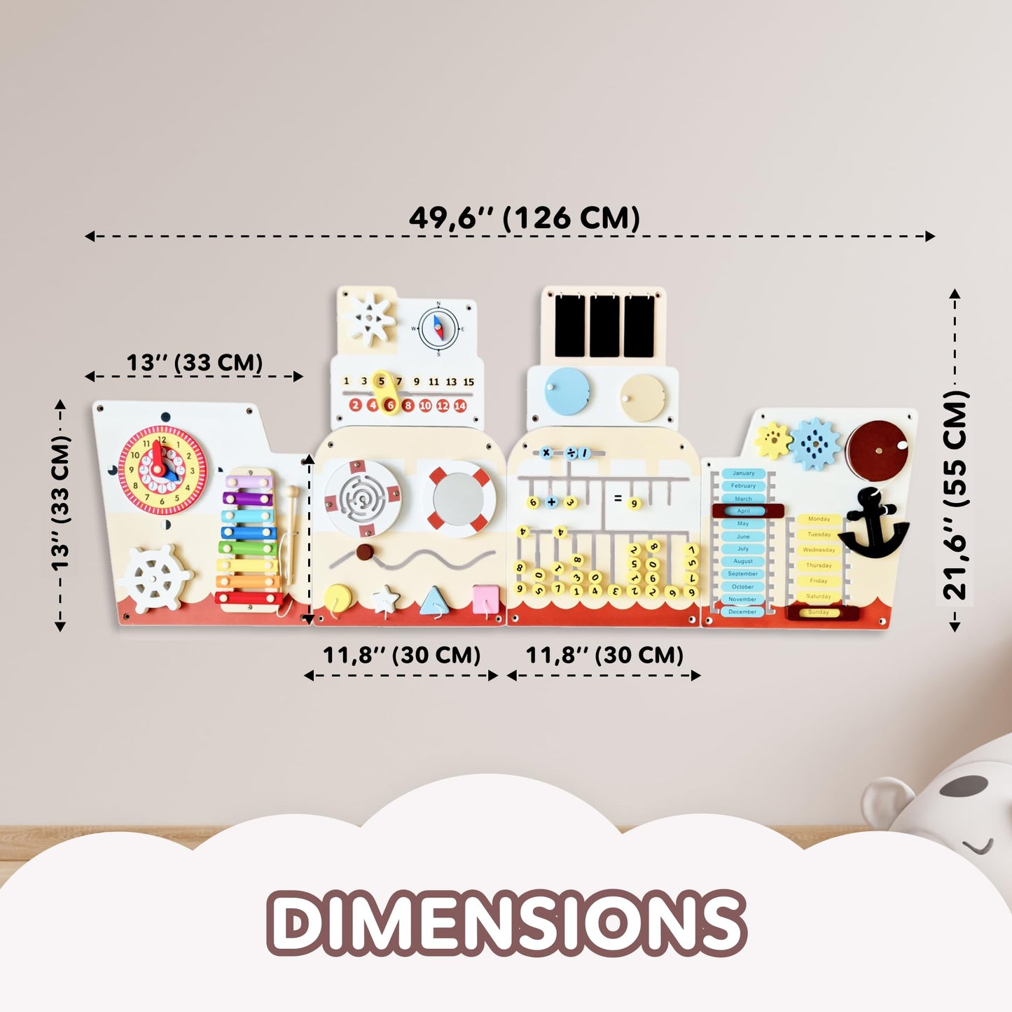 Cateam Sensory Wall Panel for Kids - Activity Wall Busy Board for Toddlers and preschoolers. 16in1 Learning Activity Center. Wooden Montessori Toys for Education and Early Development - Ship