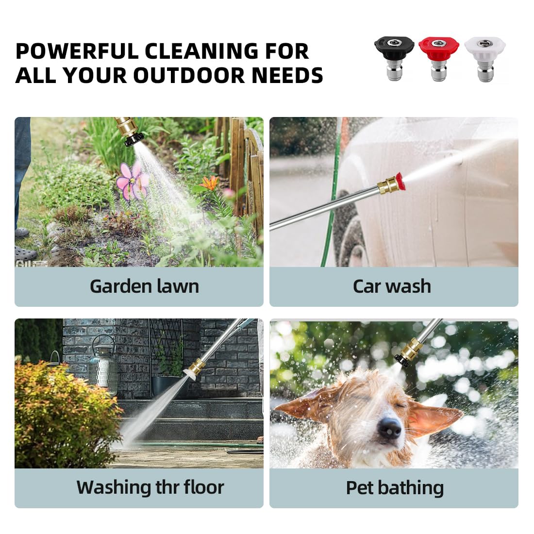 Jet Nozzle Power Washer Wand Hose Nozzle, Hydro Jet High Pressure Watering Sprayer Tool with 3 Different Nozzles, Water Hose Nozzle with Quick Connectors for Car, Gutter, Window Washing, Black