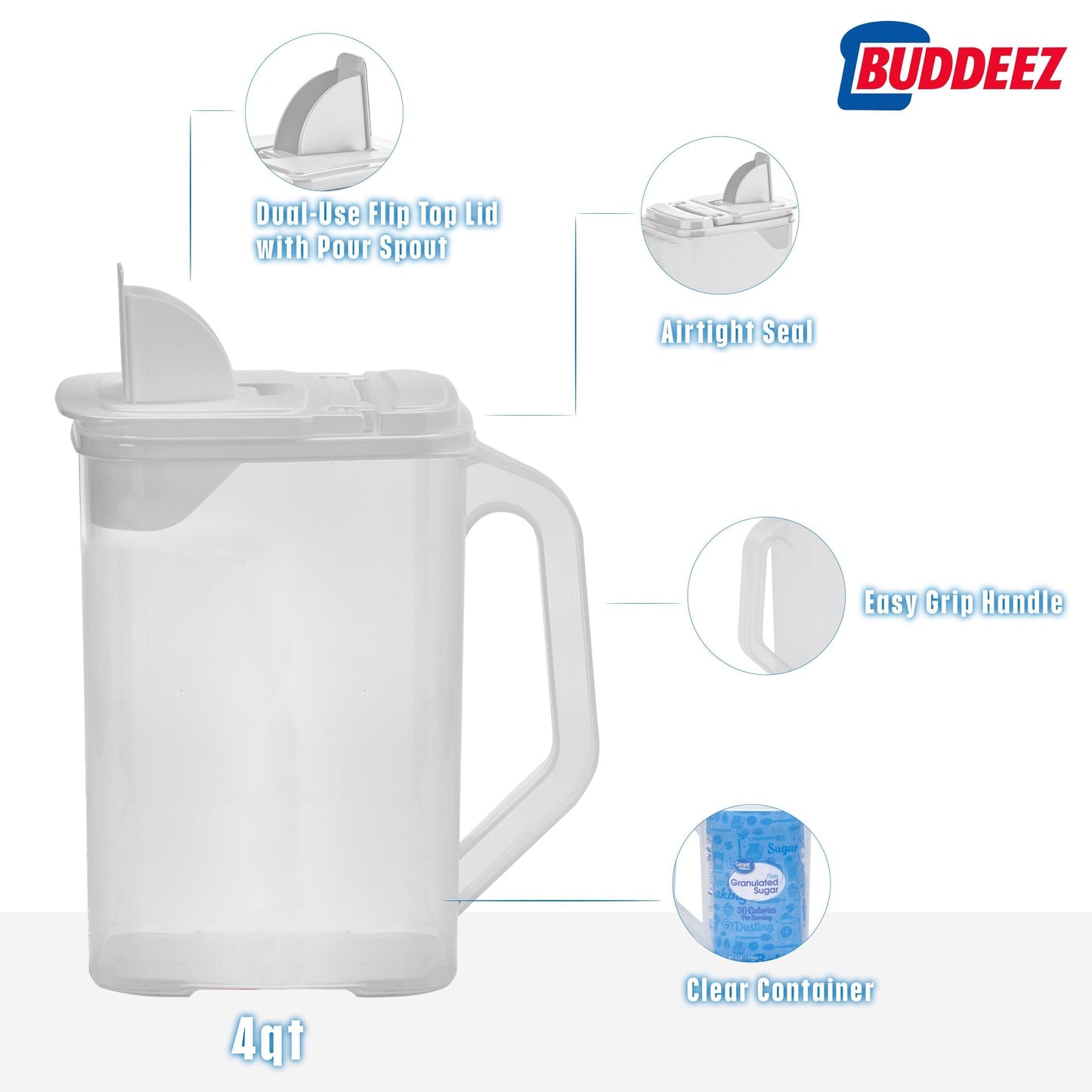 Buddeez Kitchen Pantry Container - Easy Grip Handle for Mess Free Use - Flour and Sugar Storage Made Simple - 4 Quart White Lid