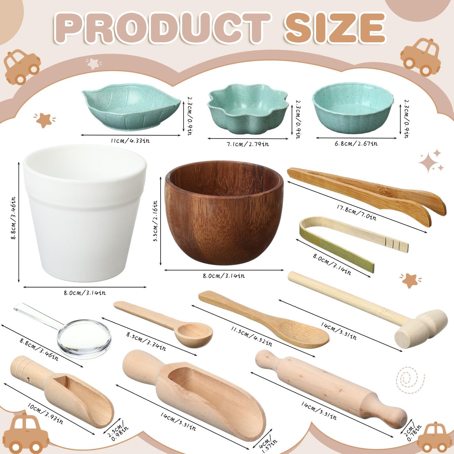 Tiangrid 14pcs Sensory Bin Tool Sensory Tools for Boys and Girls Fine Motor Skill Toys Wooden Tong Spoons Bowls Plate Hammer Magnifying Glass and Rolling Pin for Transfer Work and Fine Motor Learning