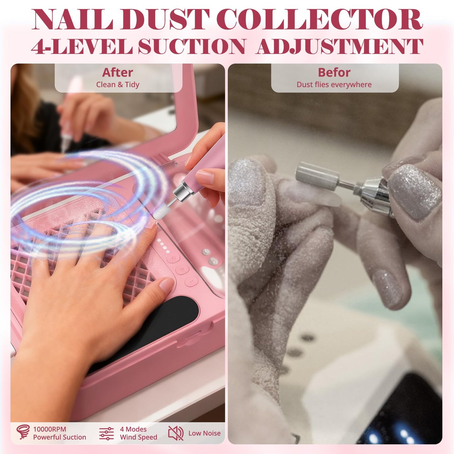 Nail Dust Collector and Cordless Electric Nail Drill File Kit, Professional Portable Manicure Pedicure, 13 Bits, HPro Powerful Dust Suction Machine for Home Salon - Pink