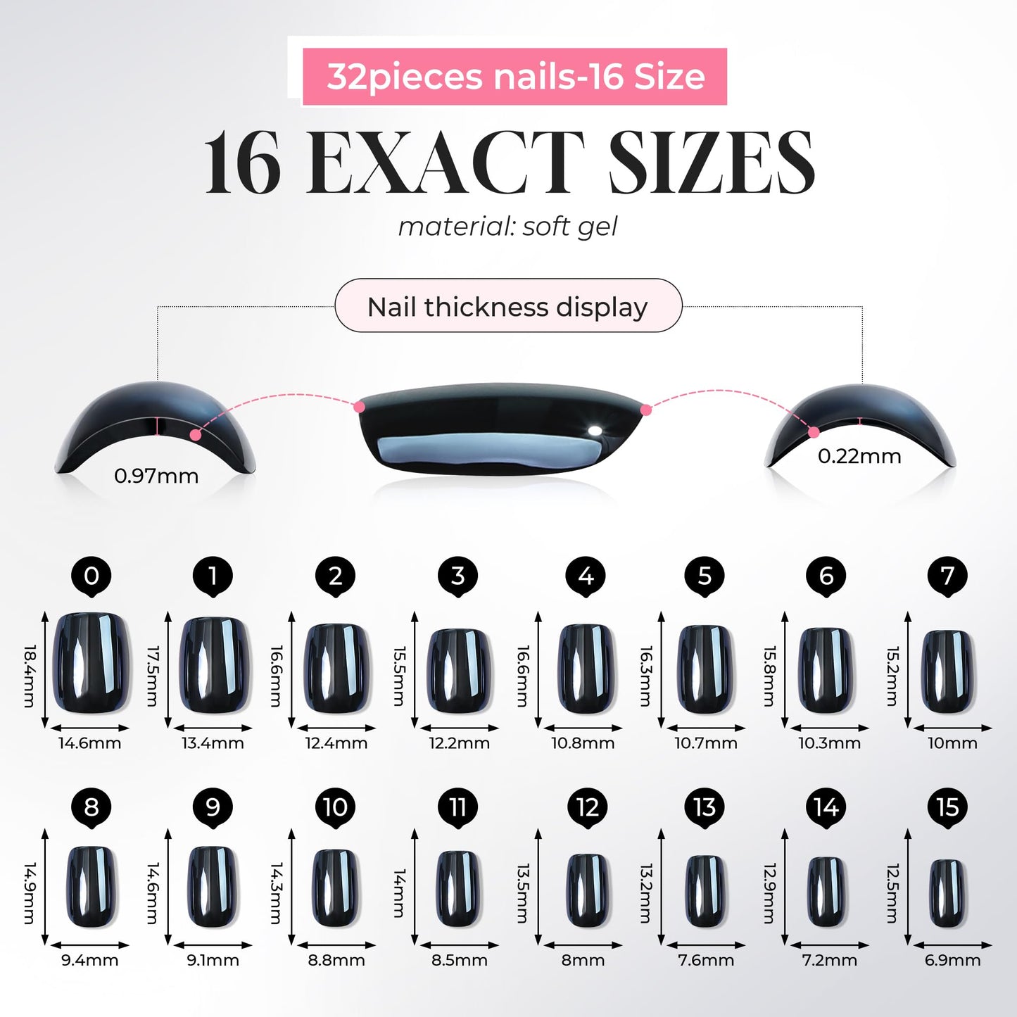 UNA GELLA 32Pcs Soft Gel Press on Nails - 16 Sizes Black Chrome Mirror Short Square Glue on Nails, Reusable Metallic Glossy Black False Nails, Full Cover Acrylic Nail Kit for Women DIY Home Manicure