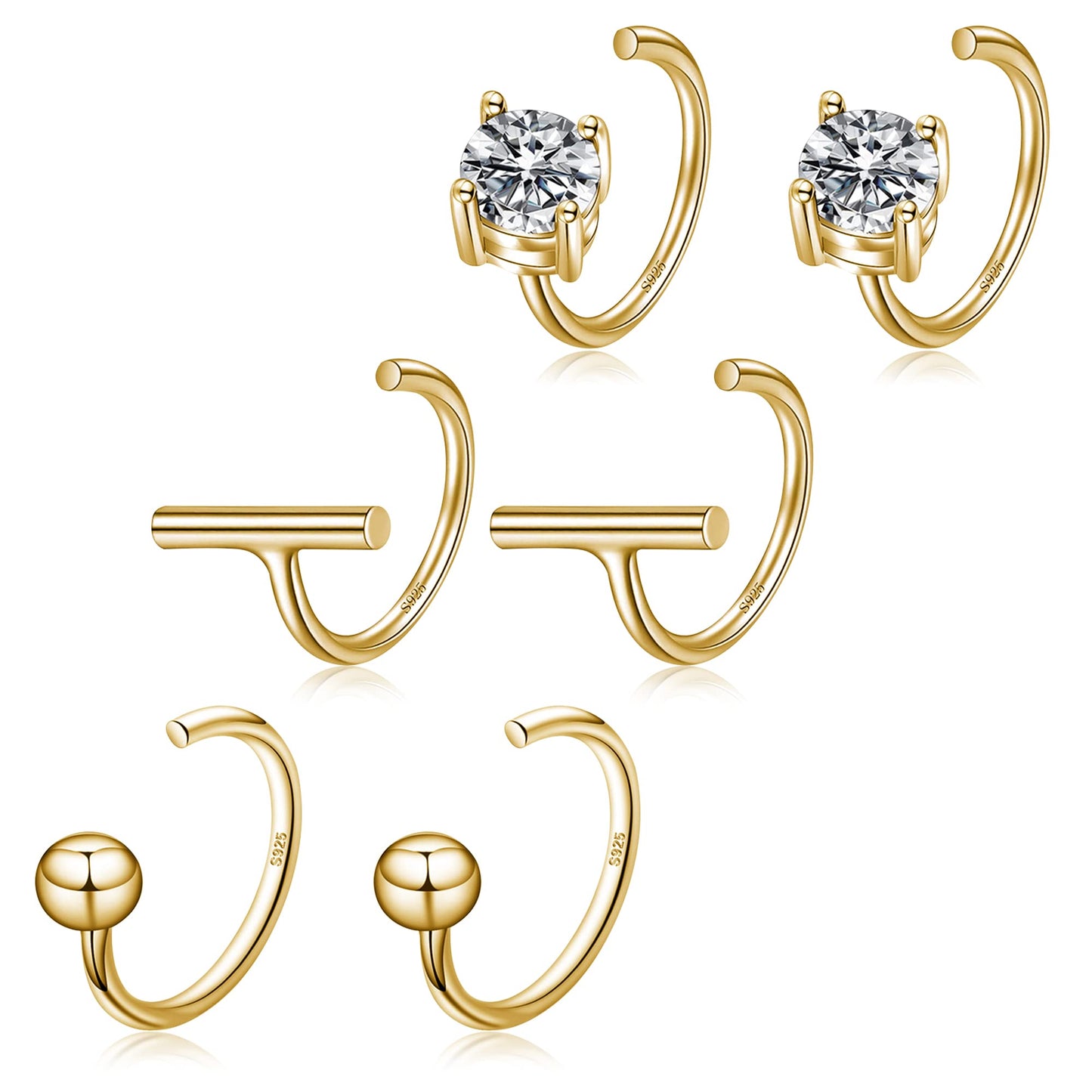 3 Pairs 18K Gold Plated 925 Sterling Silver Half Hoop Earrings Set Small Huggie Hug Hoops Open Huggie Hoops Earrings for Women