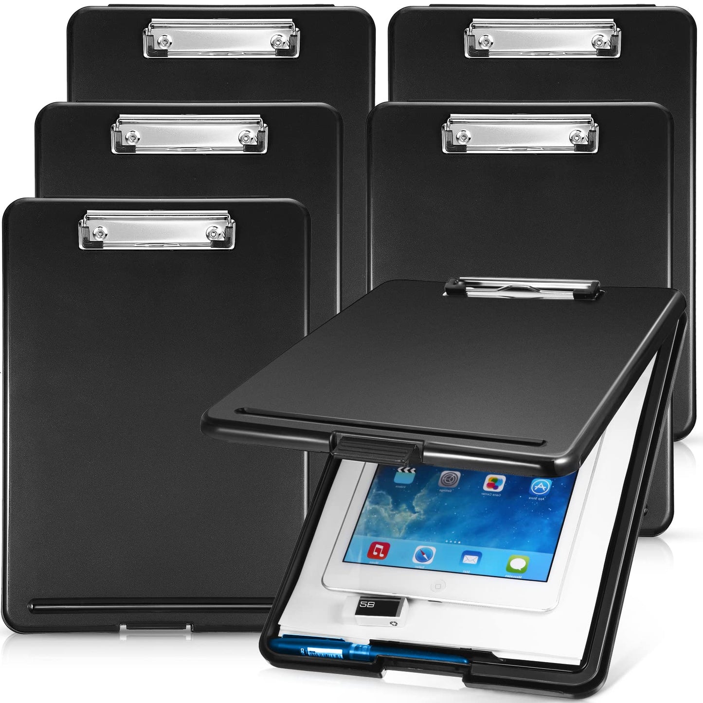 6 Pieces Clipboard with Storage, 9.5 x 13.5 Heavy Duty Plastic Storage Clipboard, Nursing Foldable Clip Board with Compartment and Metal Clip for Nurse Teacher Student Classroom Office (Black)