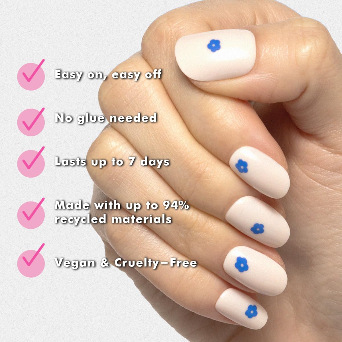 Olive & June Classic Super Stick Mani Press On Nails | No Glue Needed | 32 Tab Nails 16 Sizes | Non-Toxic Tabs Non-Damaging 7-Day Wear | Spring Flowers & Patterns | Short, Round | Mod Flowers