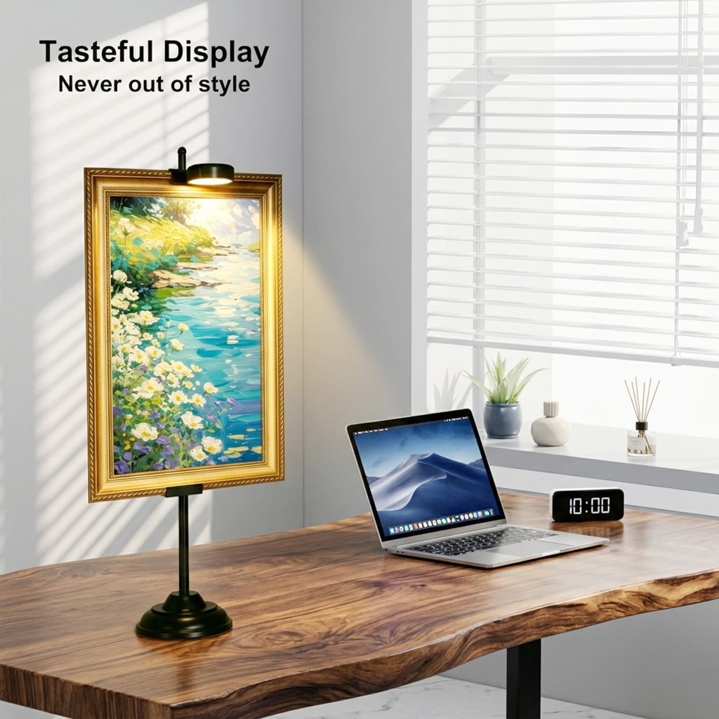 Adjustable Tabletop Easel Stand with Magnetic Wall Painting Light,Black Picture Frame Holder Stand Holds Picture Frames up to 29 Inch,Picture Easels for Display with Dimmable Frame Light (1 Pack)