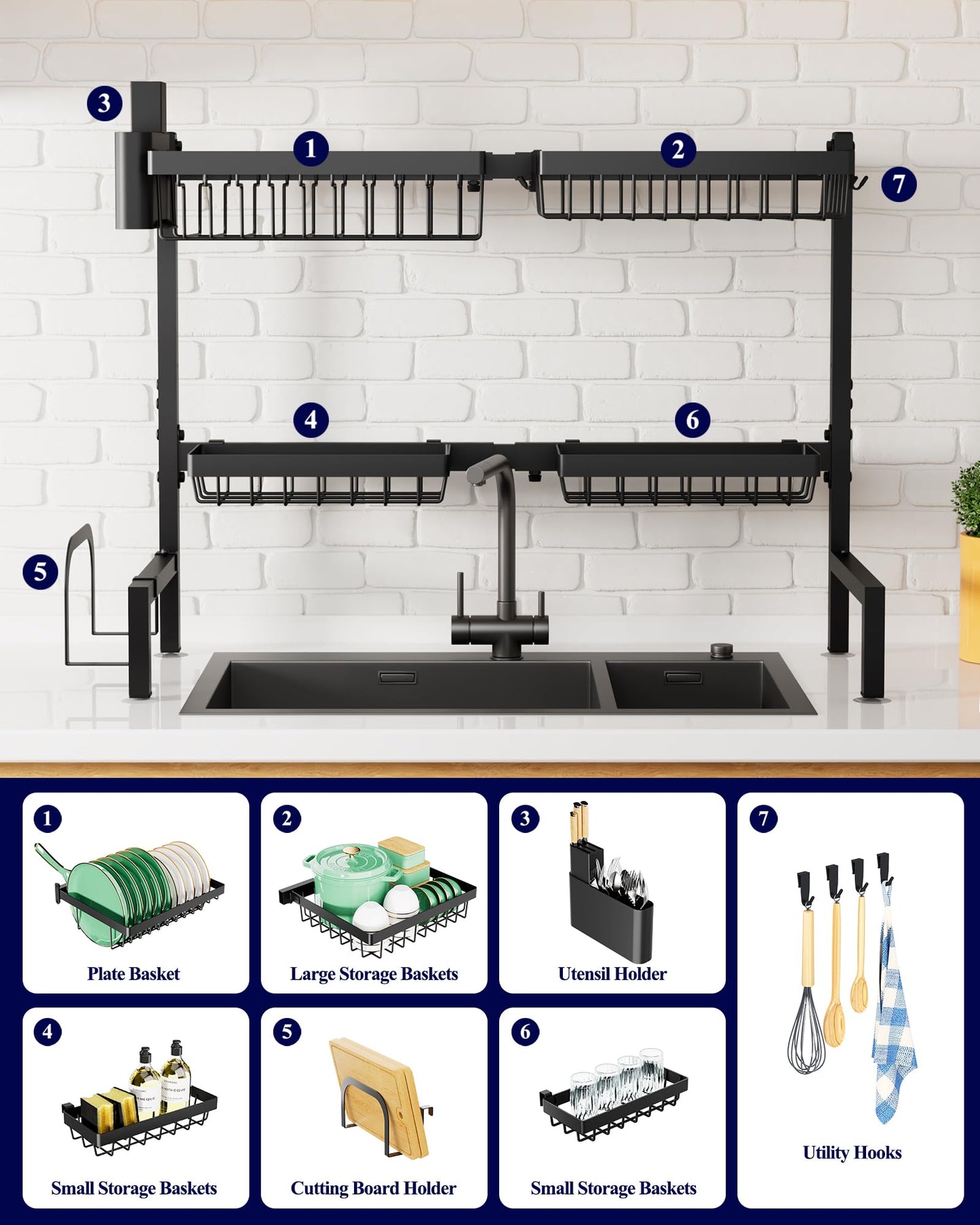 Kitsure Over The Sink Dish Drying Rack - 30.0" to 33.9" x 21.5", Adjustable Sink Drying Rack for Kitchen Sink with Multifunctional Baskets, Black