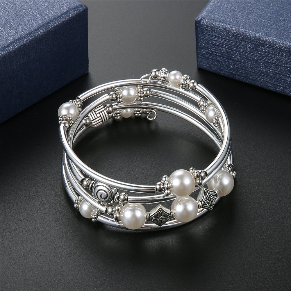 Beaded Pearl Bangle Wrap Bracelet - Fashion Bohemian Jewelry Multilayer Charm Bracelet with Thick Silver Metal Beads, Gift For Women(White)
