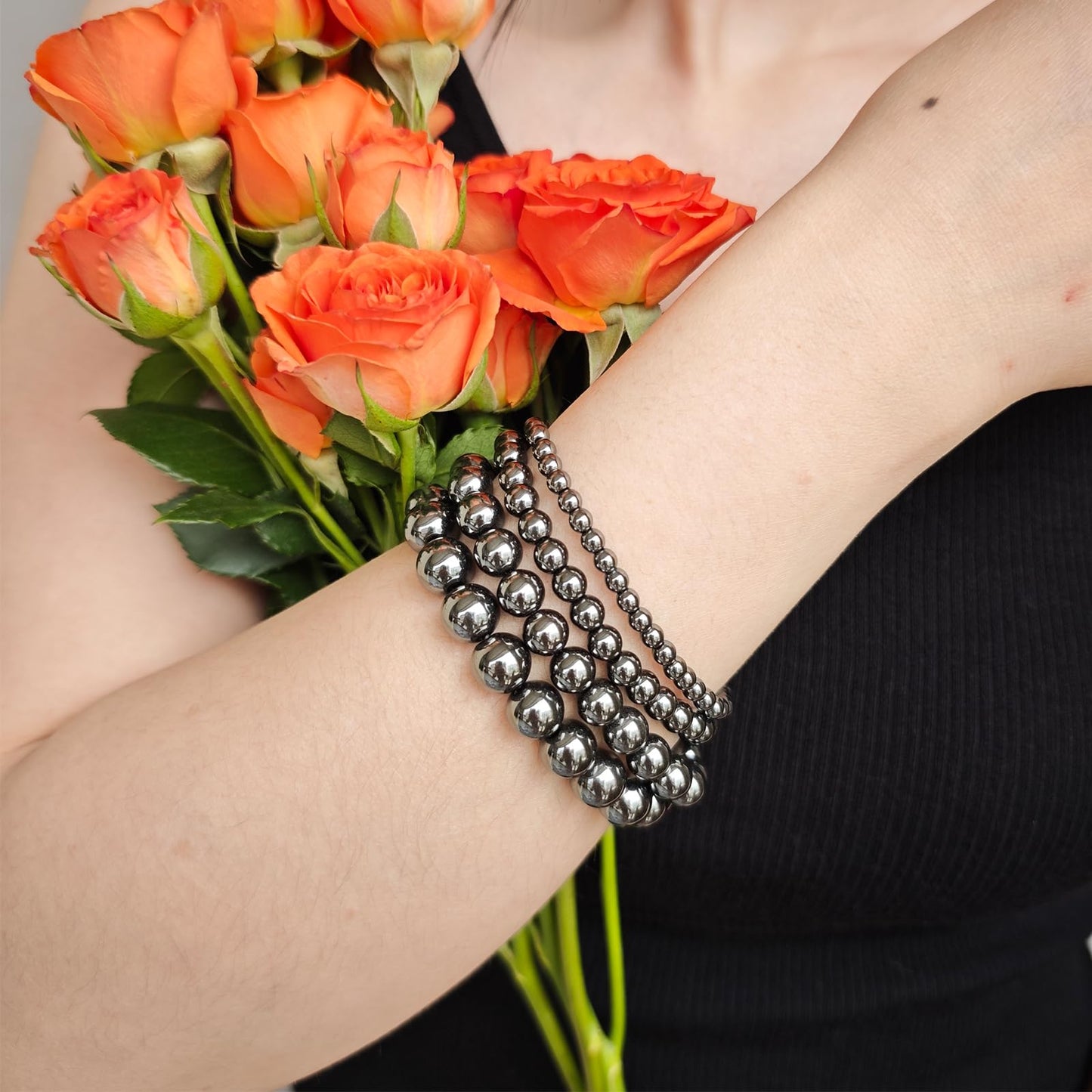 Handmade Natural Gemstone Elastic Bracelet - Healing Crystal Beads Jewelry, Unisex (Hematite, 8mm)