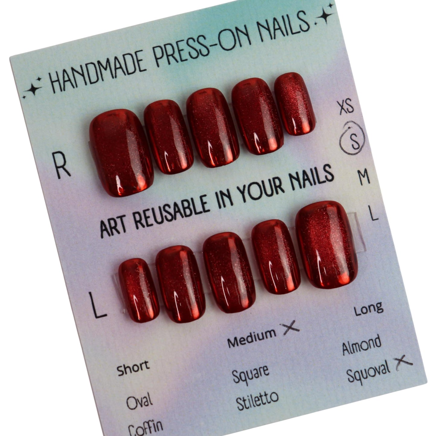 Handmade Medium Squoval Magnetic Cat Eye Press-On Nails | Chrome Finish (Gold, Ruby Red or Silver) | Reusable Glossy Gel Look (Red Mirror Cat Ehye, M Medium Squoval)