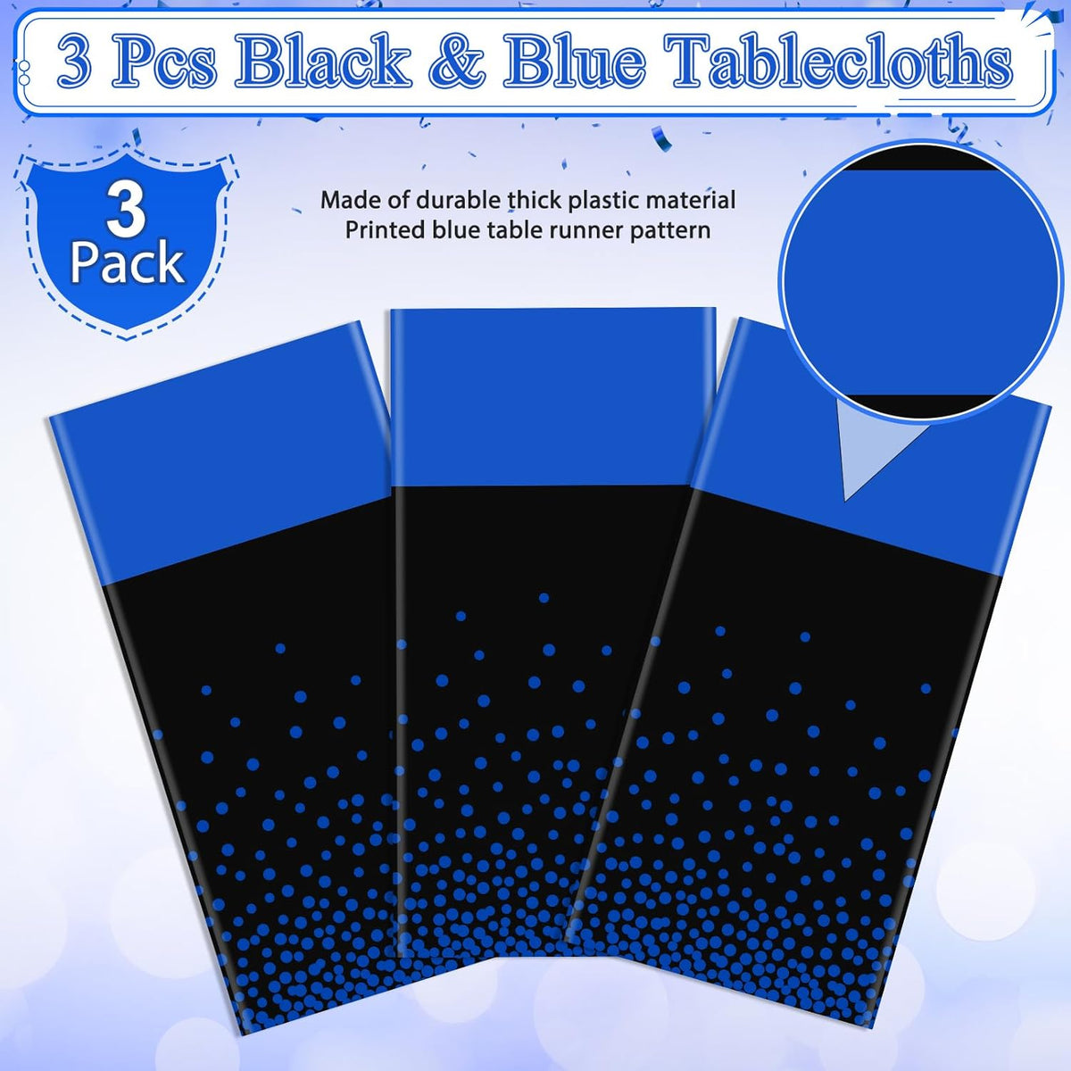 MASHAN 3Pcs Black and Blue Tablecloth Party Decorations,Plastic Black Table Cloth Printed Blue Table Runner Disposable Rectangle Cover for Birthday Wedding Anniversary Graduation Party,54 x108 Inch