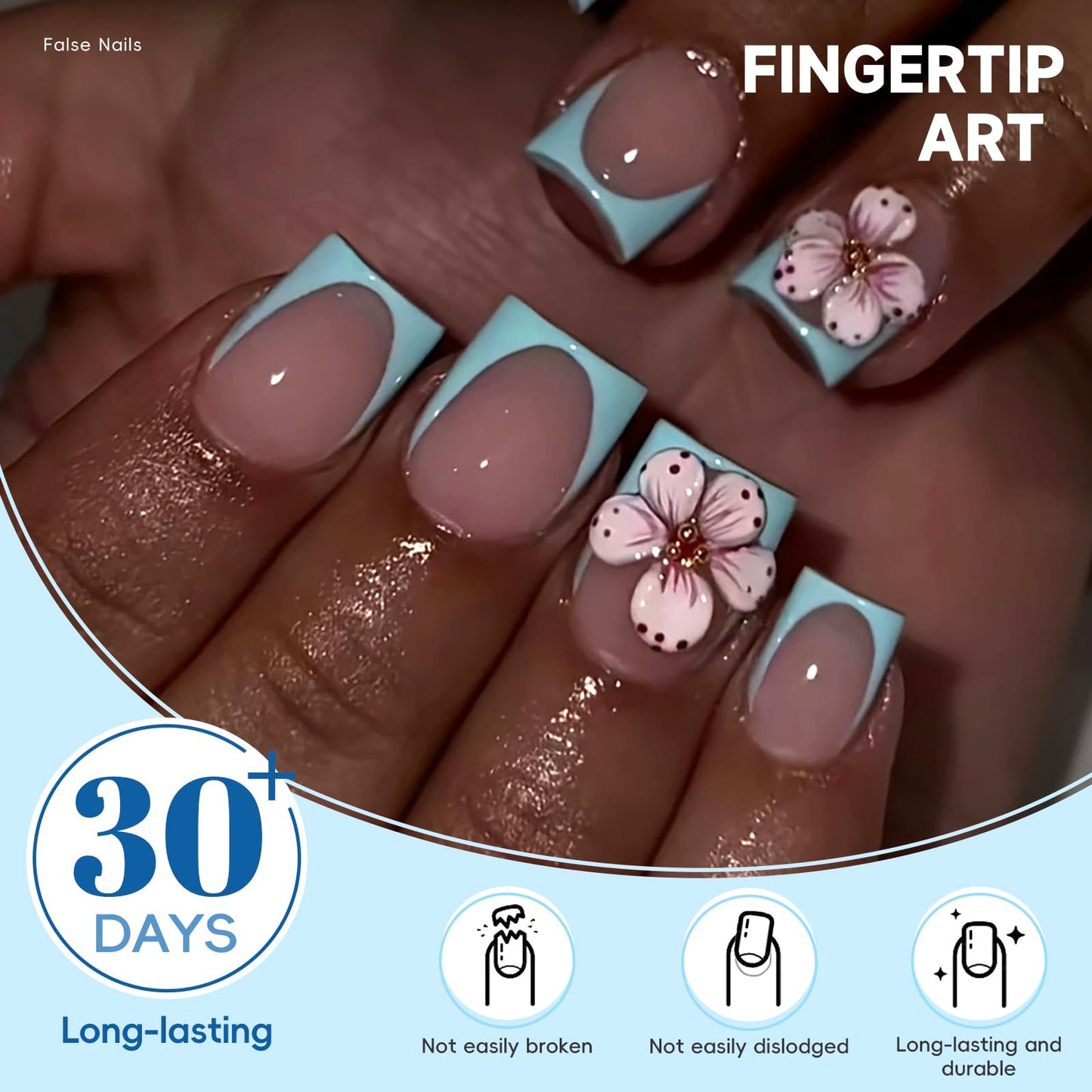 HOSAILY 3D Flower Press ons Nails Extra Short Square, Blue French Floral Spring Summer Daily Semi-Handmade Full Cover Stick on Nails for Women, 24Pcs Glossy Reusable Fake False Nails with Glue