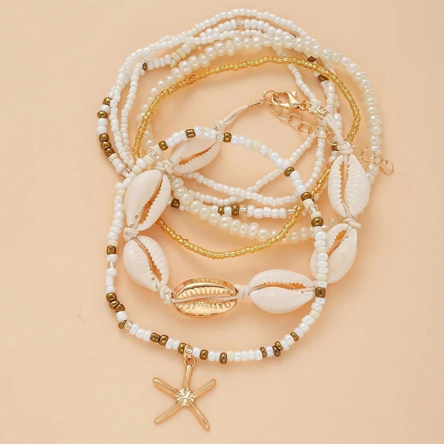 Qceasiy Shell Ankle Bracelet Set for Women, Gold Plated Boho Bead Adjustable Anklet, Hawaiian Beach Seashell Pearl Heart Starfish Conch Foot Jewelry Gifts (Starfish Shell 7Pcs)