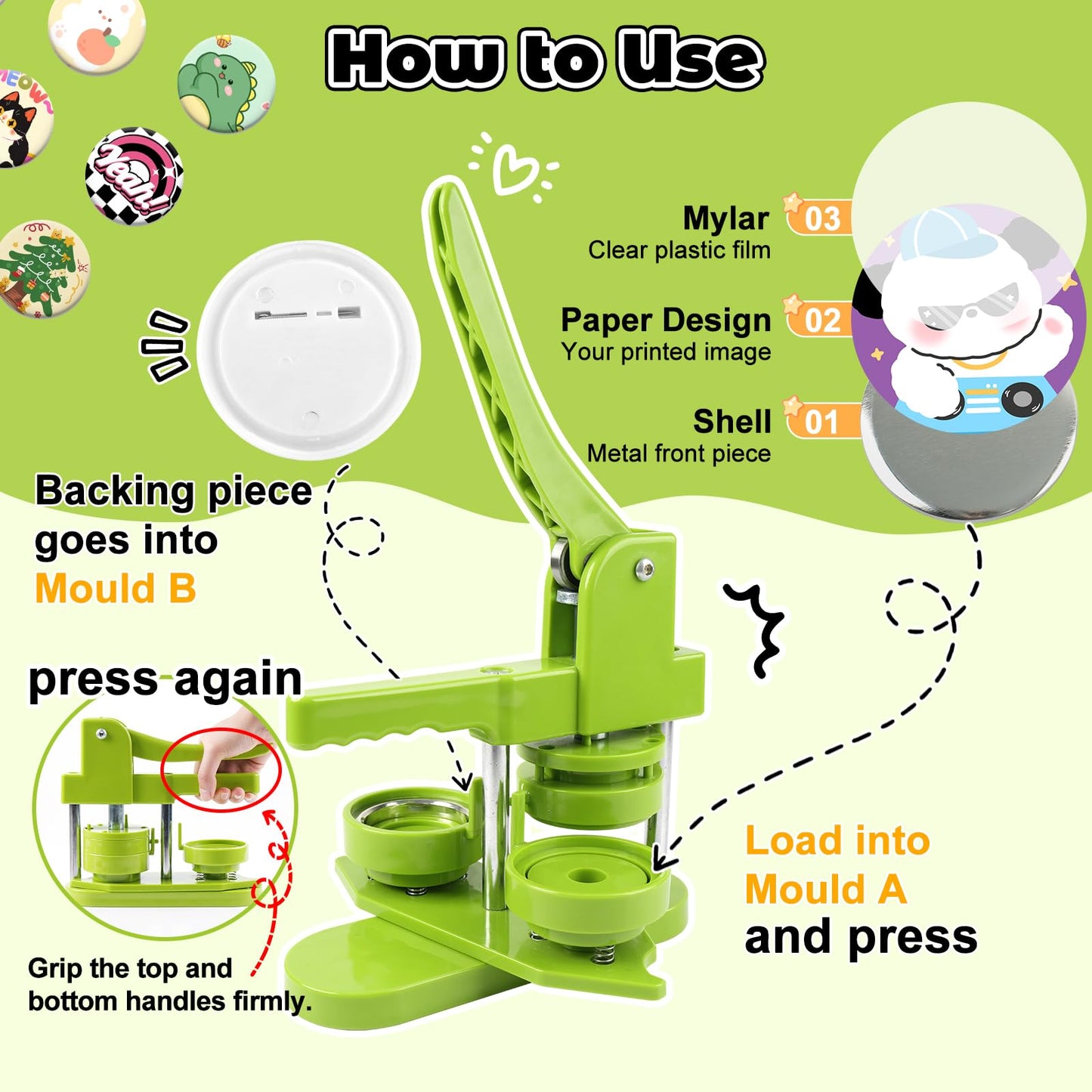 MK.Bear Button Maker Machine 58mm (2.25 in) Installation-Free, DIY Button Pin Maker Machine, Badge Punch Press with Free 100pcs Badge Supplies & Pictures & Circle Cutter