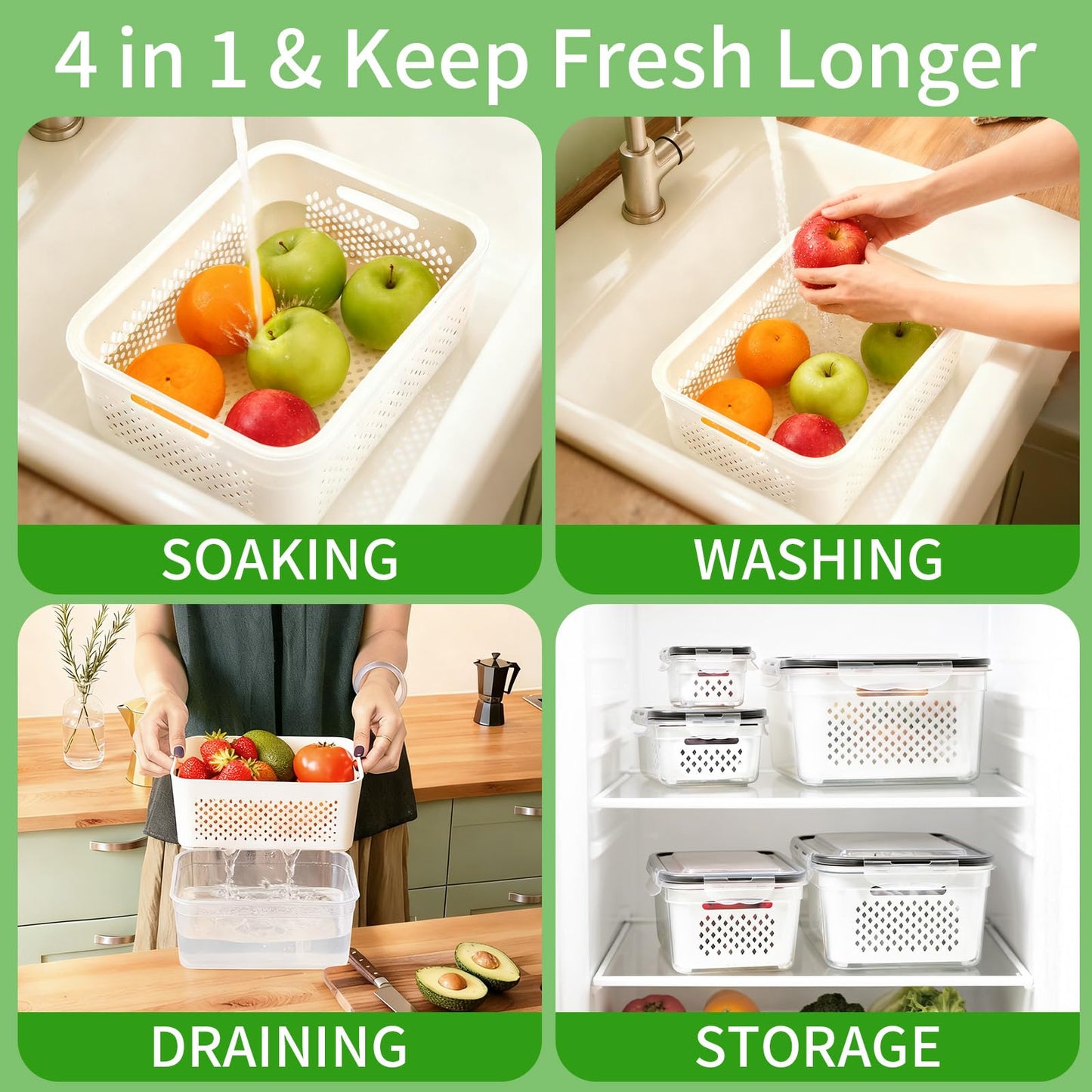 PRAKI 5-Pack Large Fruit Storage Containers for Fridge with Removable Colander, 2 in 1 Produce Storage Containers, BPA-Free Fridge Organizers and Storage Keep Fruits, Vegetables, Berry Fresh Longer